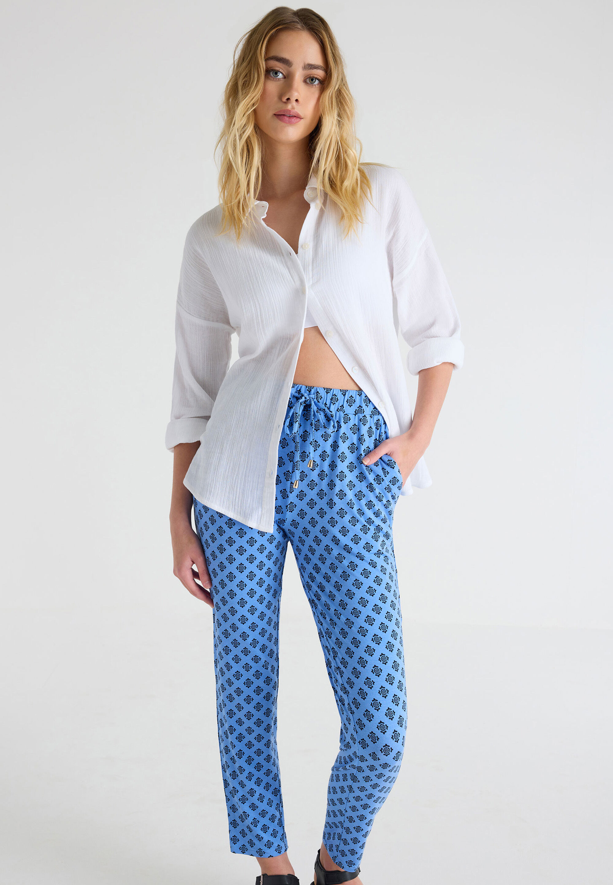 Womens Blue Print Relaxed Fit Trousers