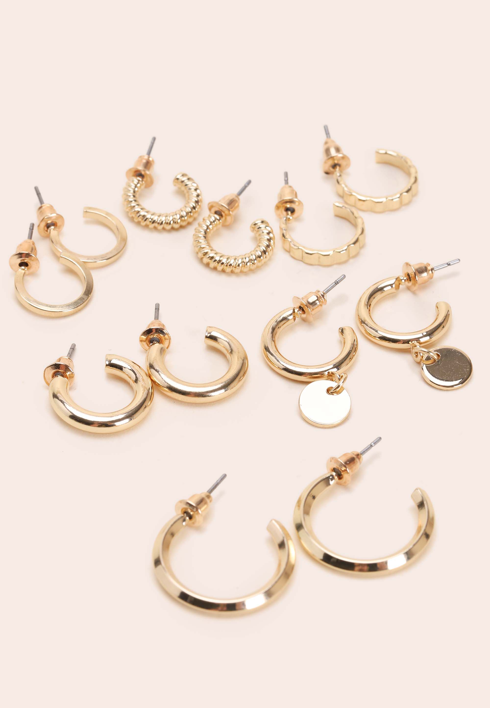 Womens 6pk Gold Textured Charm Hoop Earrings