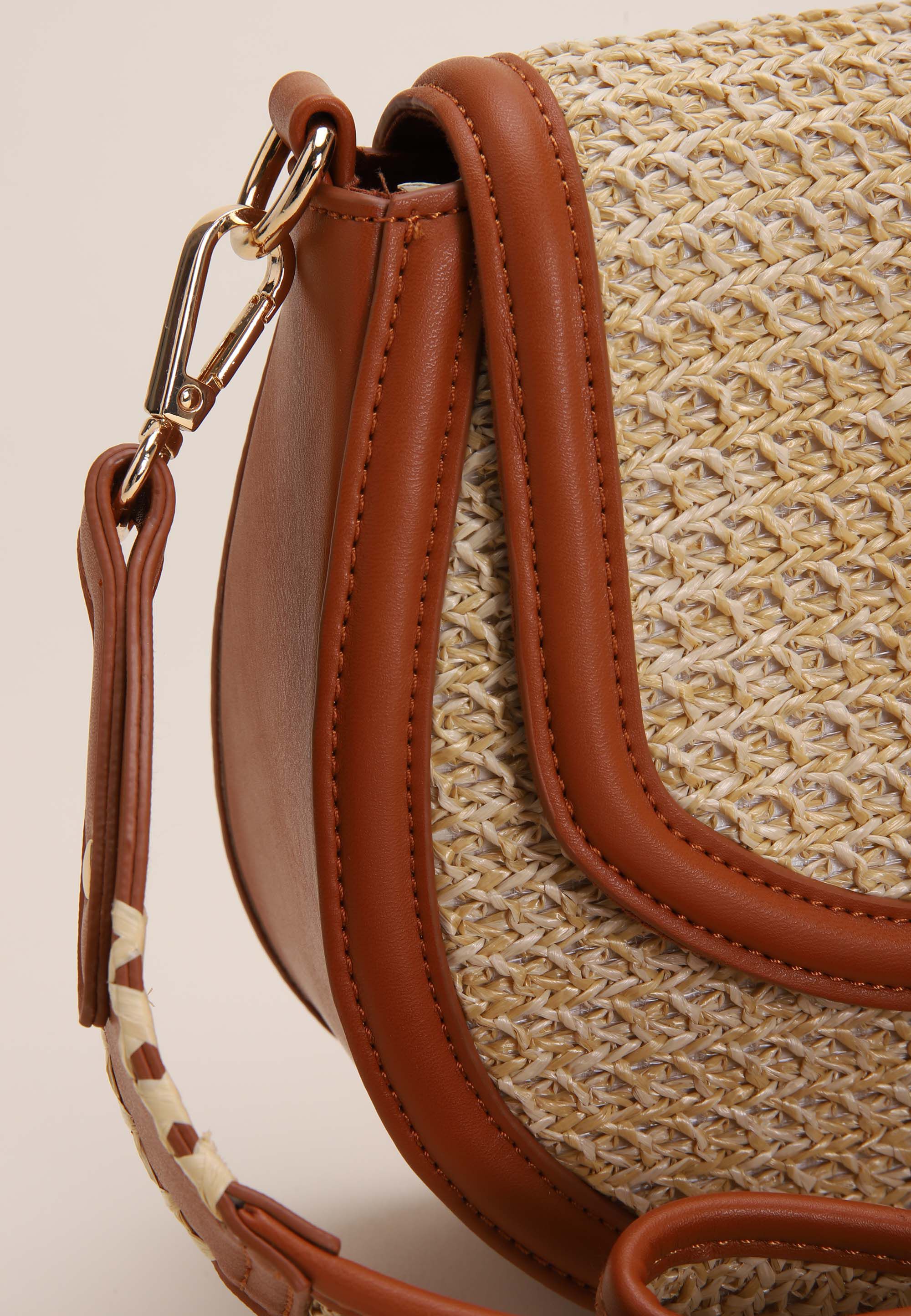 Womens Tan & Straw Saddle Shoulder Bag
