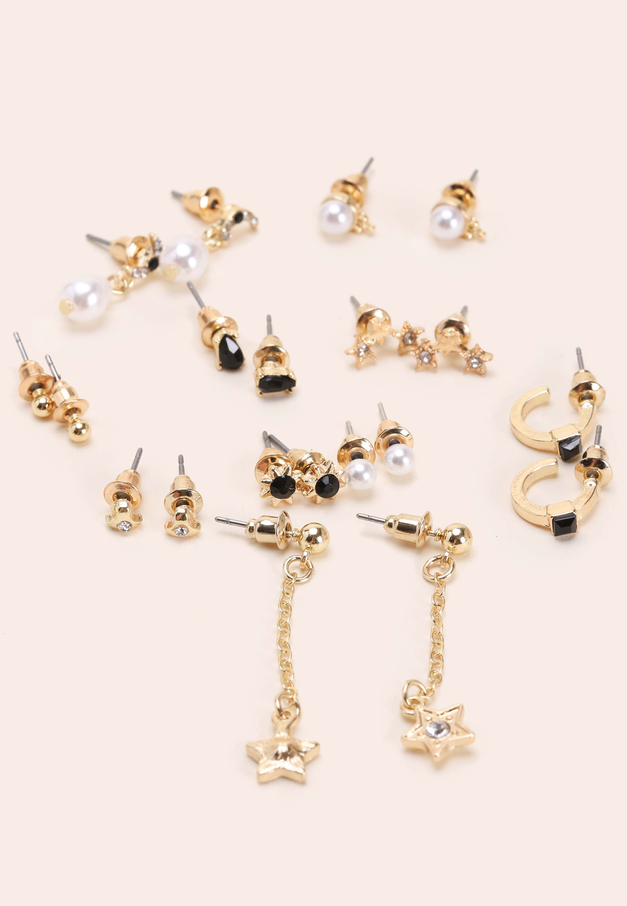 Womens Gold 10pk Star & Pearl Earrings