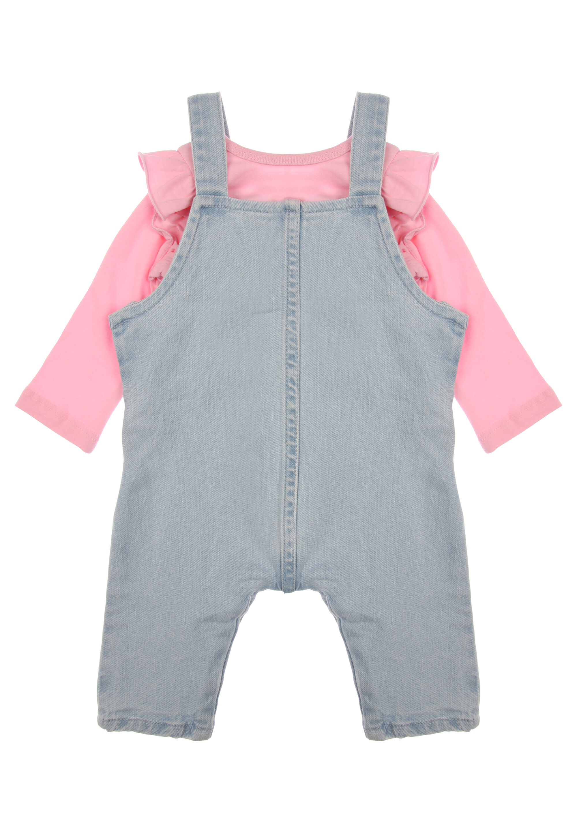 Baby Girl Denim & Pink Floral Embroidered Dungarees Set