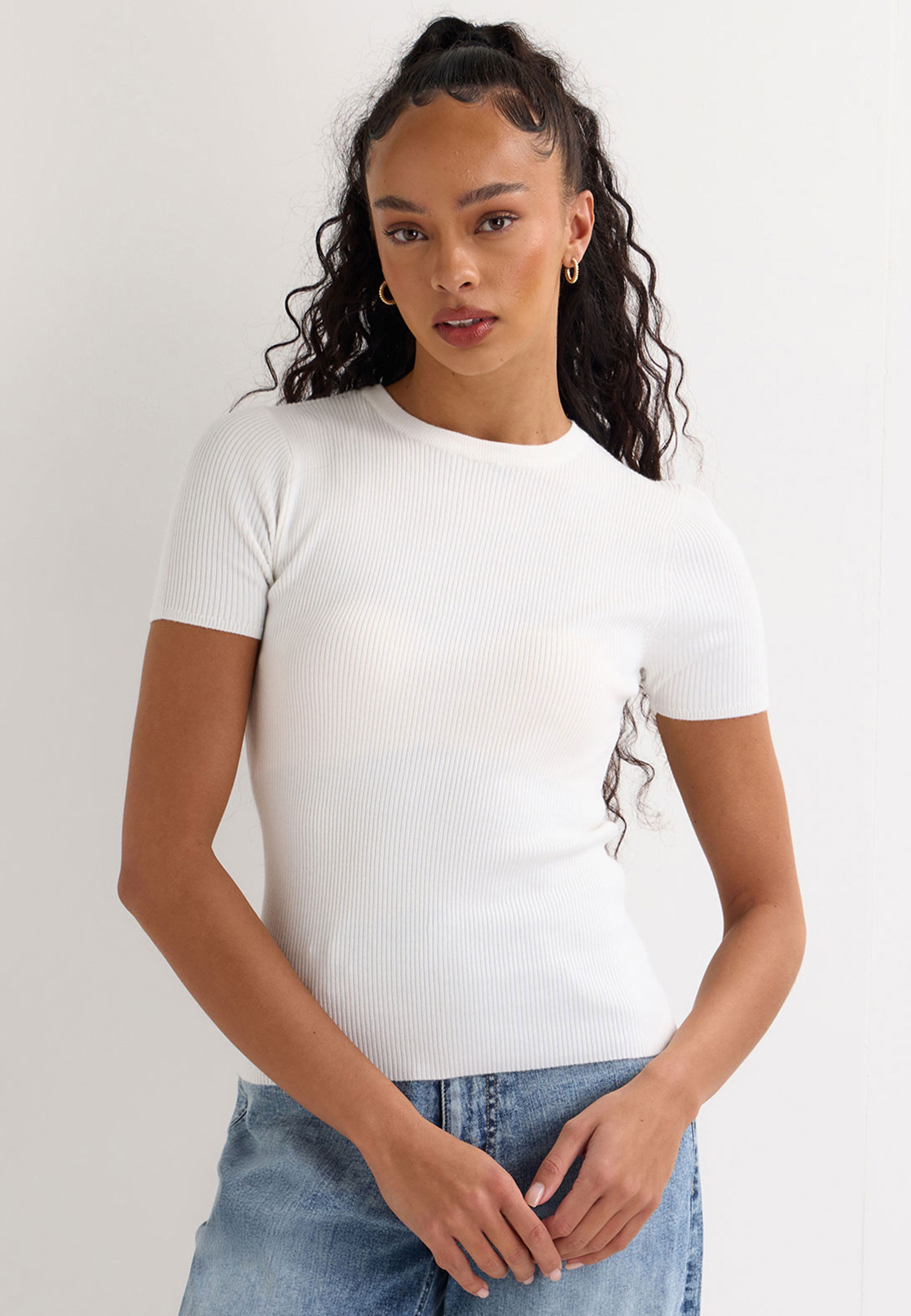 Womens White Plain Ribbed Short Sleeve Jumper