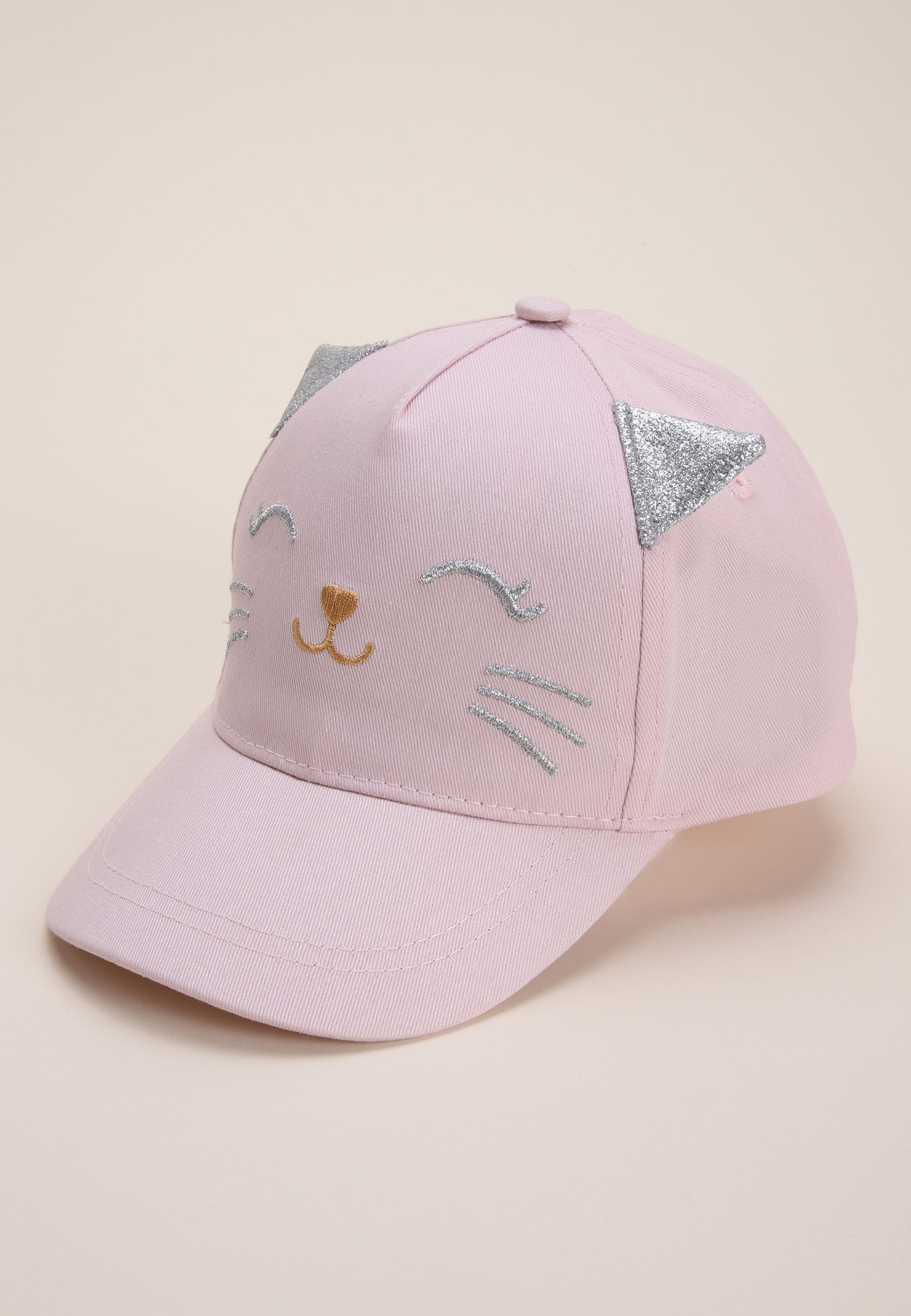 Younger Girls Pink Cat Glitter Baseball Hat