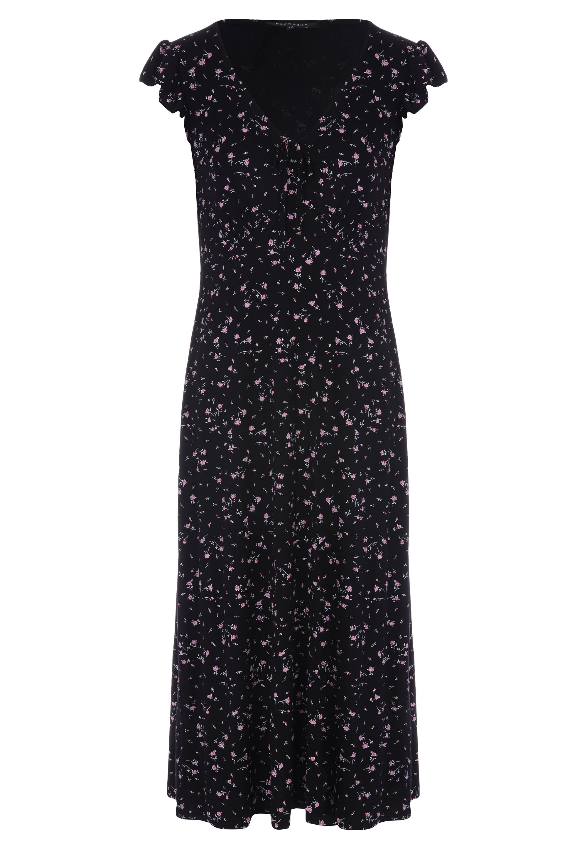Womens Black Floral Frill Sleeve Midi Dress