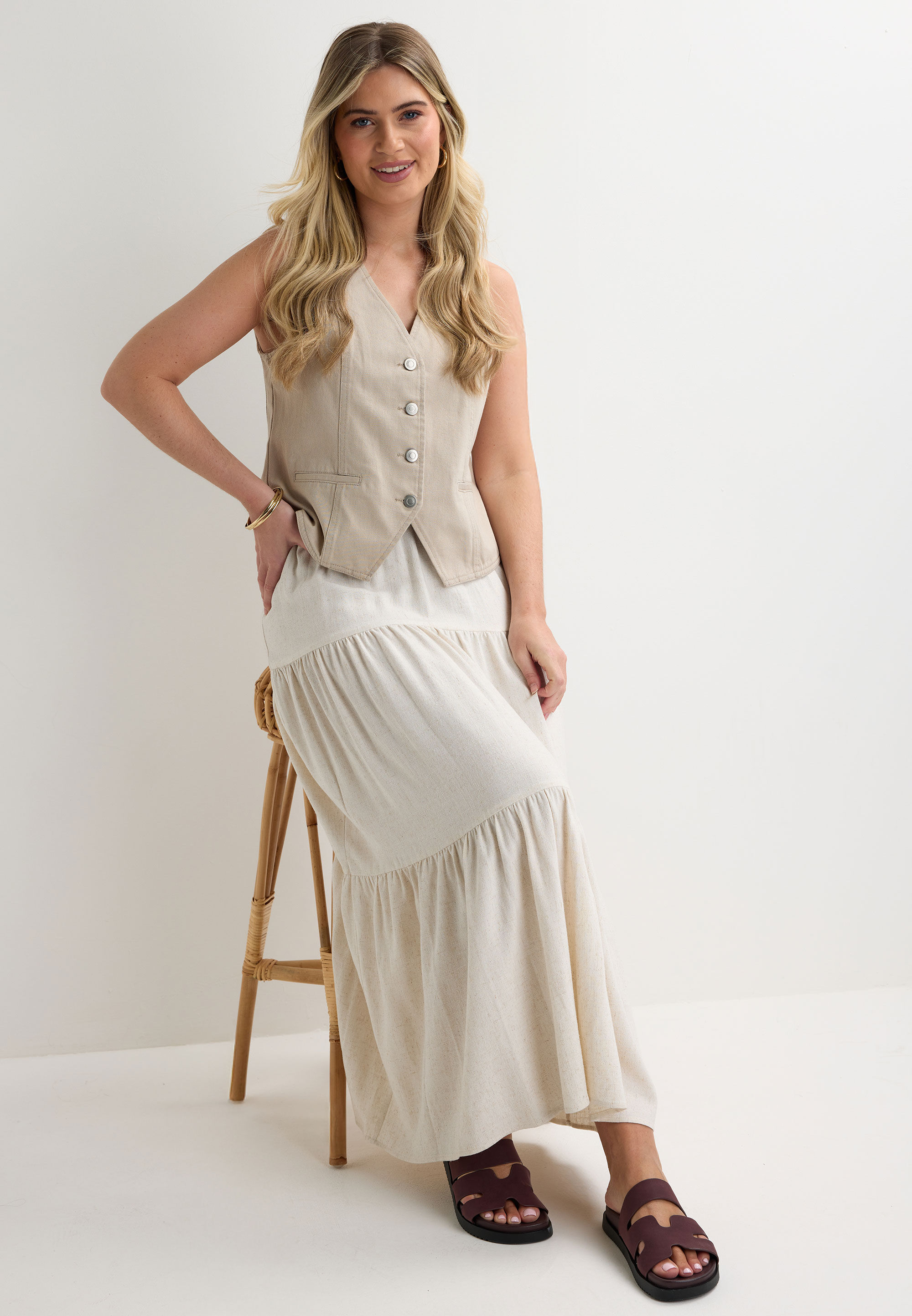 Womens Sand Plain Linen Maxi Skirt