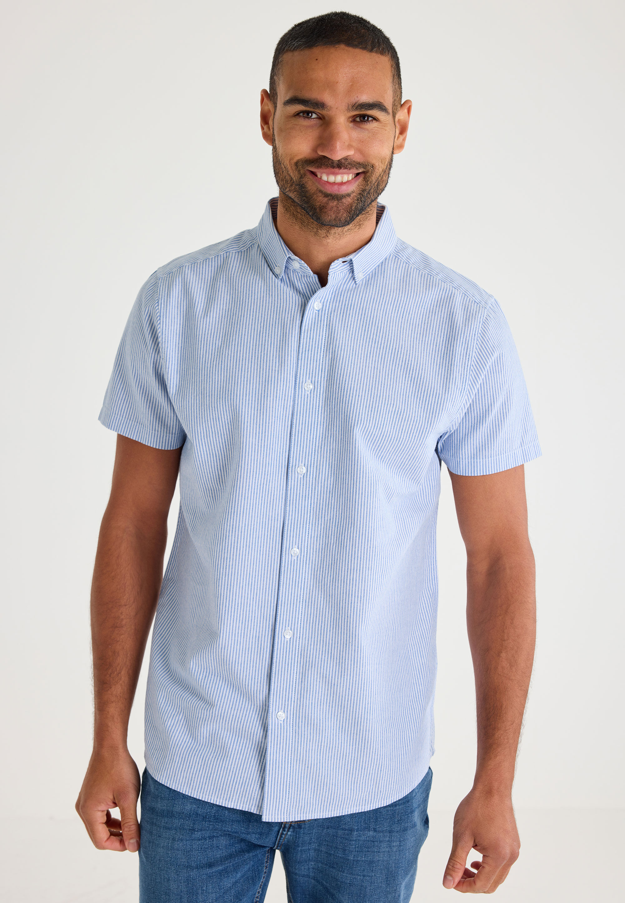 Mens Blue Stripe Short Sleeve Oxford Shirt