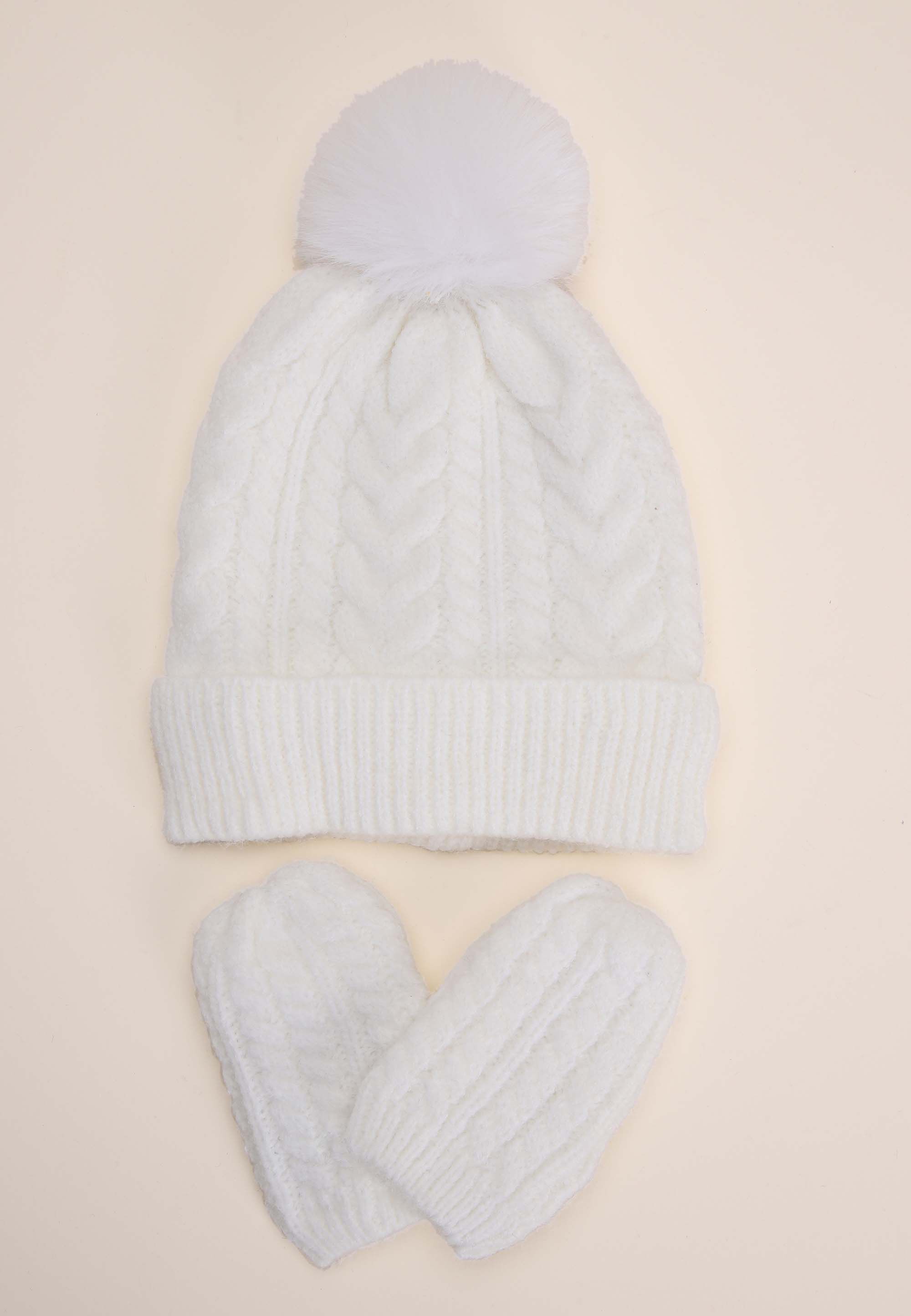 Baby Cream Cable Knit Hat & Mittens Set
