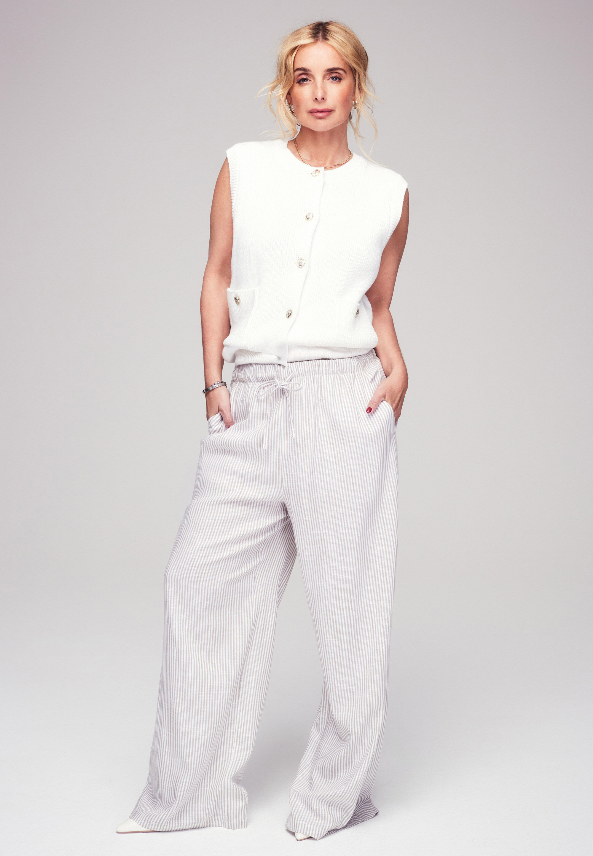 Womens Beige Stripe Wide Leg Linen Trousers