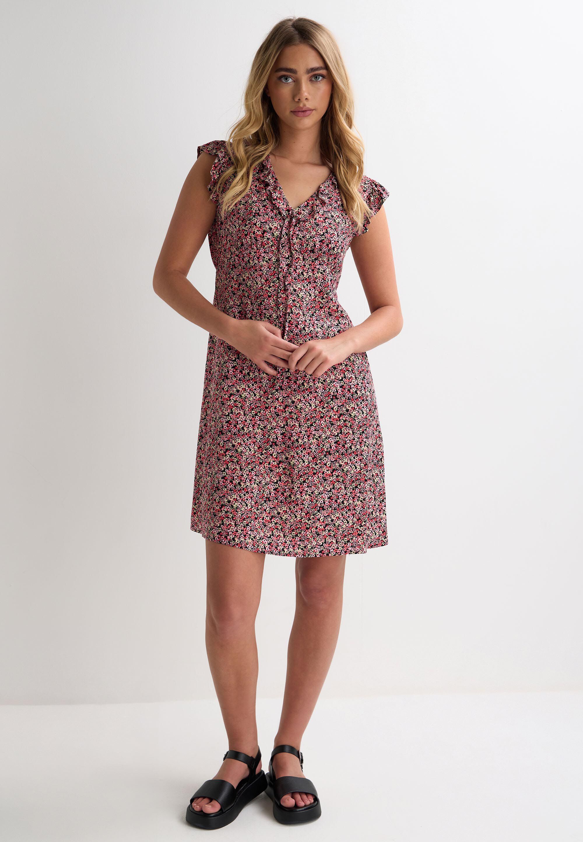 Womens Red Ditsy Print Ruffle Sleeve Tea Dress