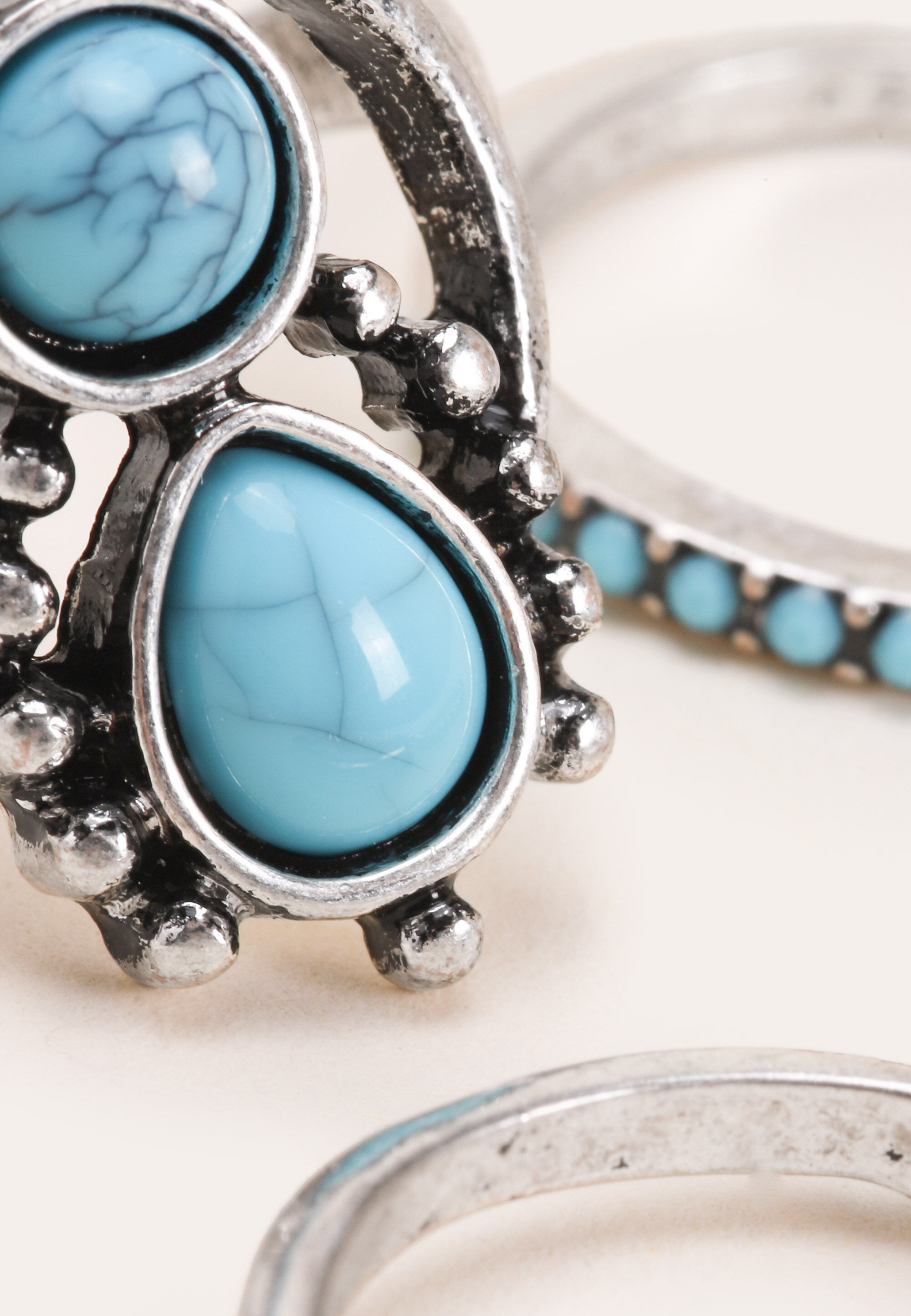 Womens 4pk Silver & Turquoise Stone Rings