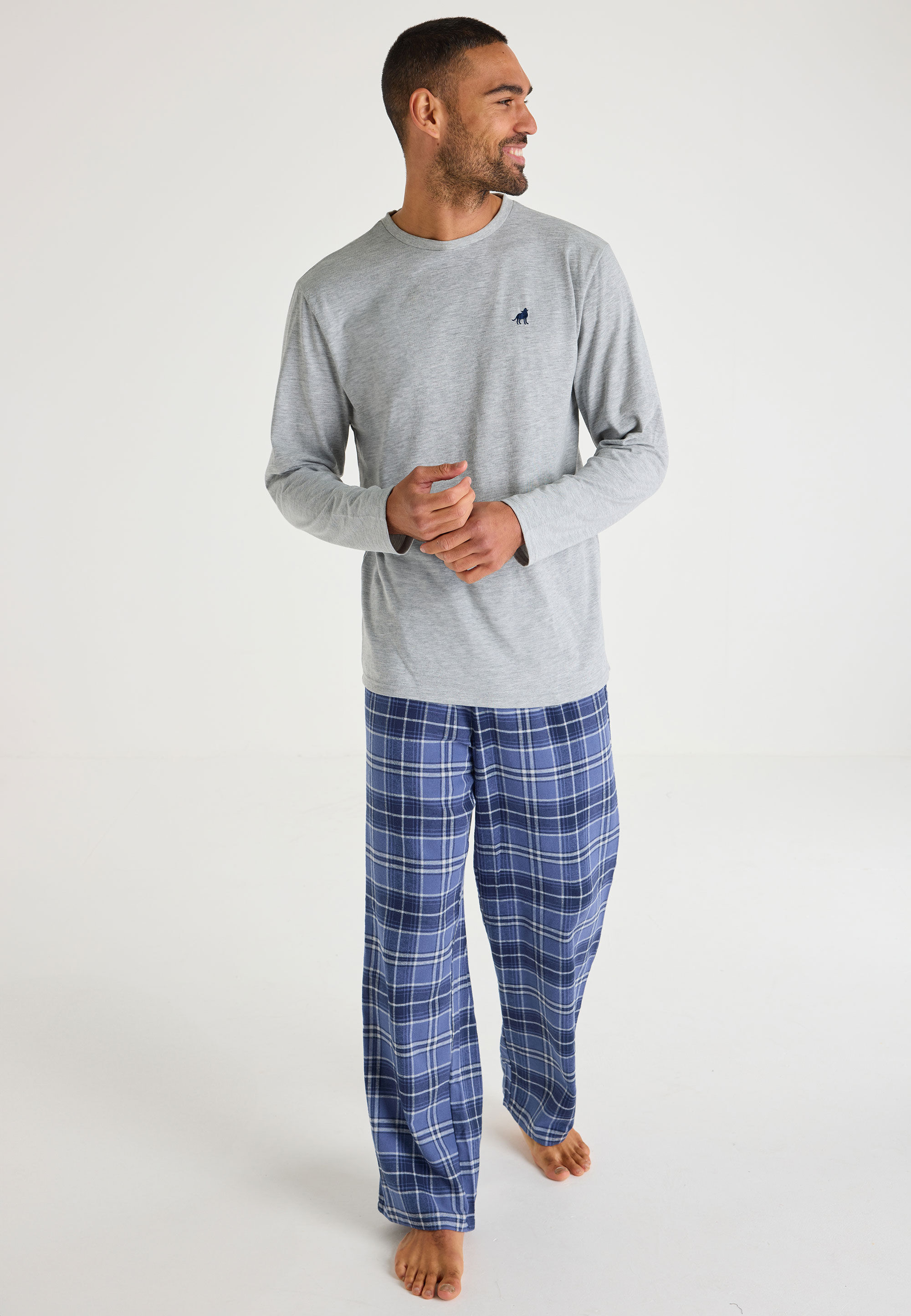 Mens Grey & Navy Check Woven Jersey Pyjama Set