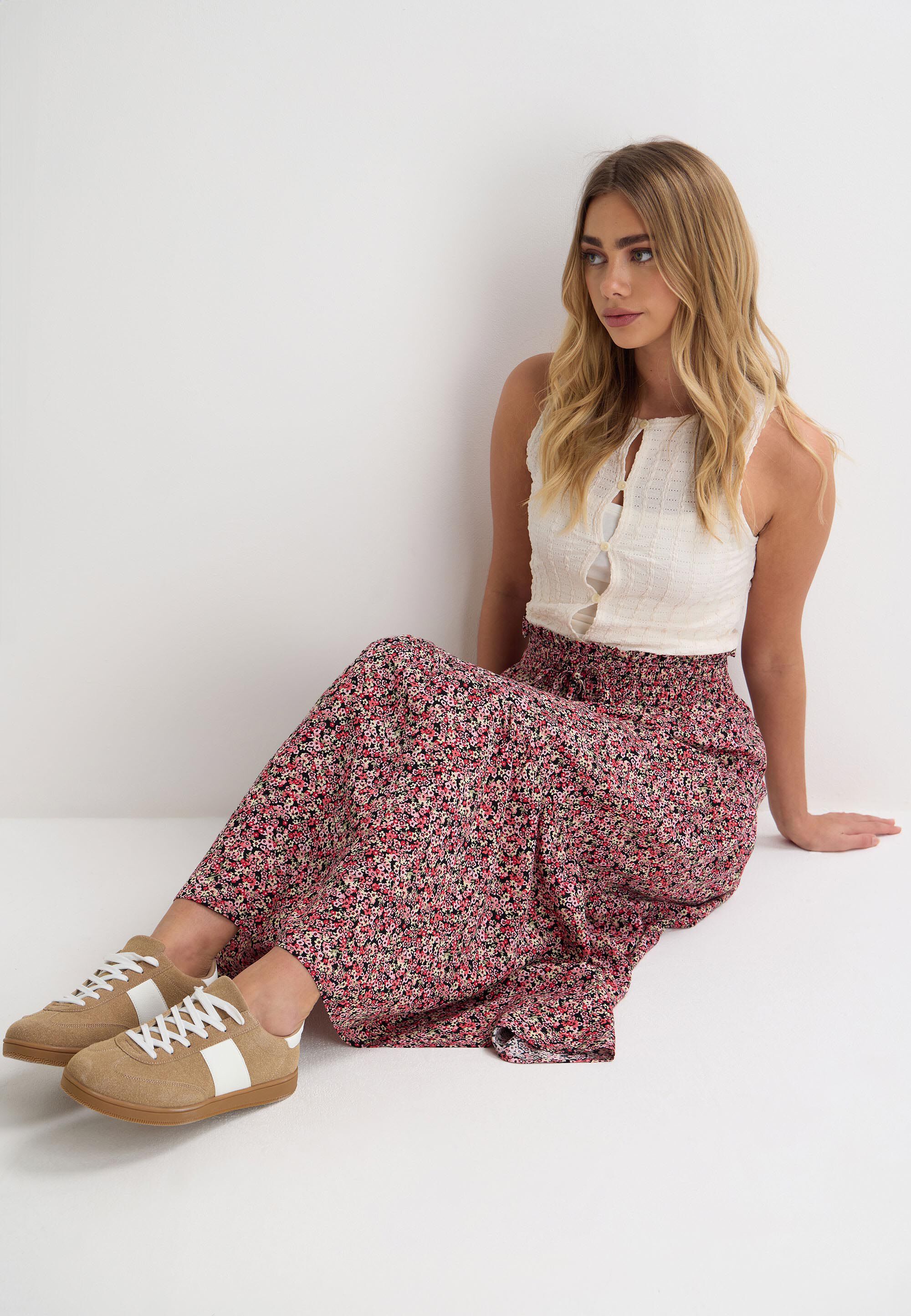 Womens Red Ditsy Print Maxi Skirt