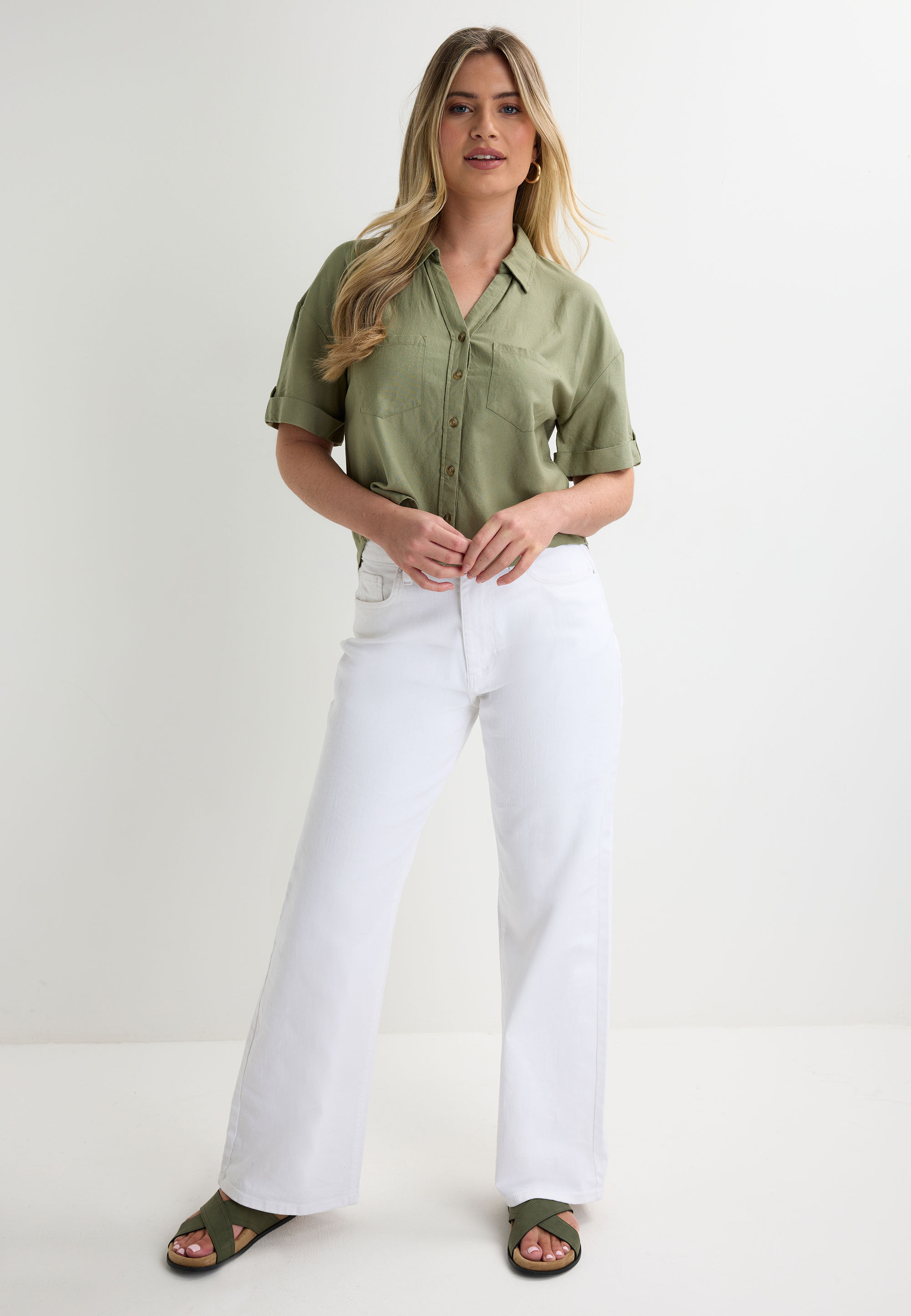 Womens Khaki Plain Linen Blend Short Sleeve Shirt