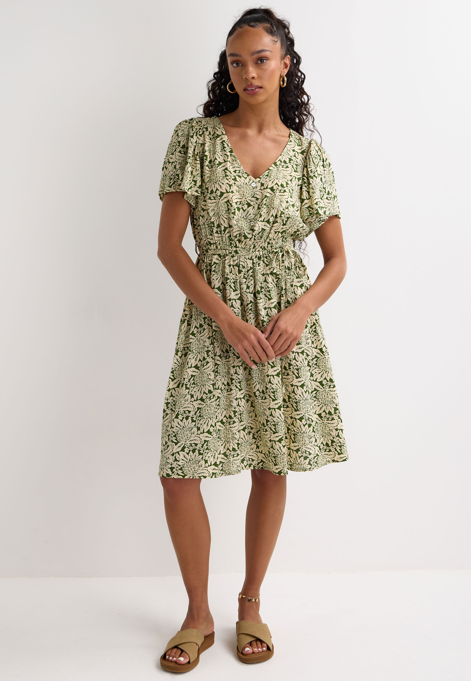 Womens Sage Leaf Print Flutter Sleeve Mini Dress