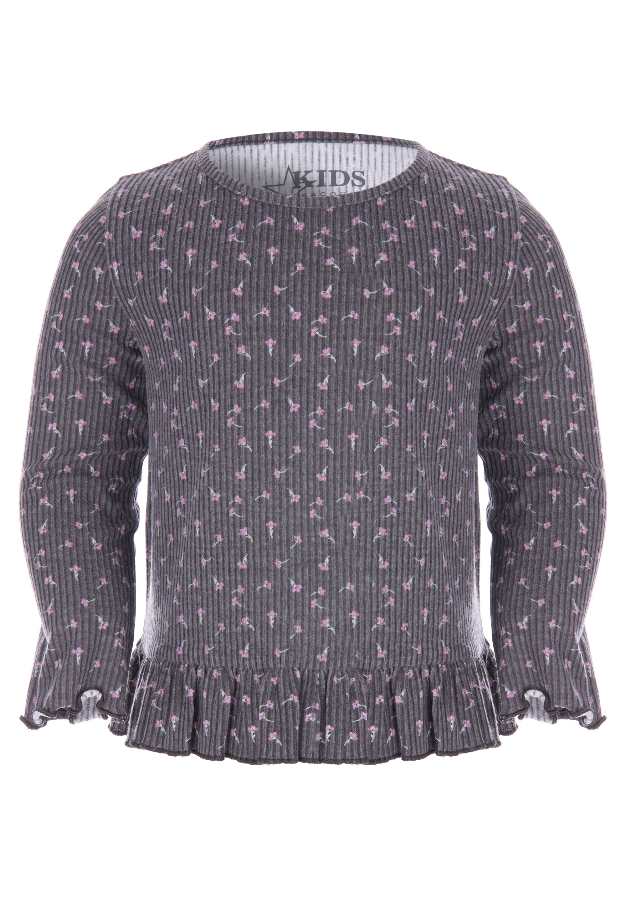 Younger Girls Charcoal Floral Print Ribbed Top