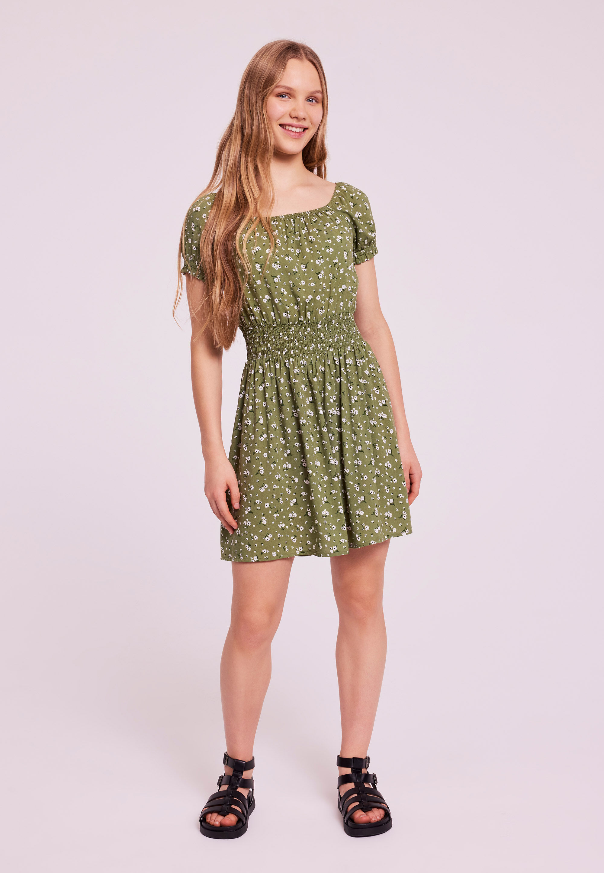 Older Girls Khaki Floral Shirred Waist Dress
