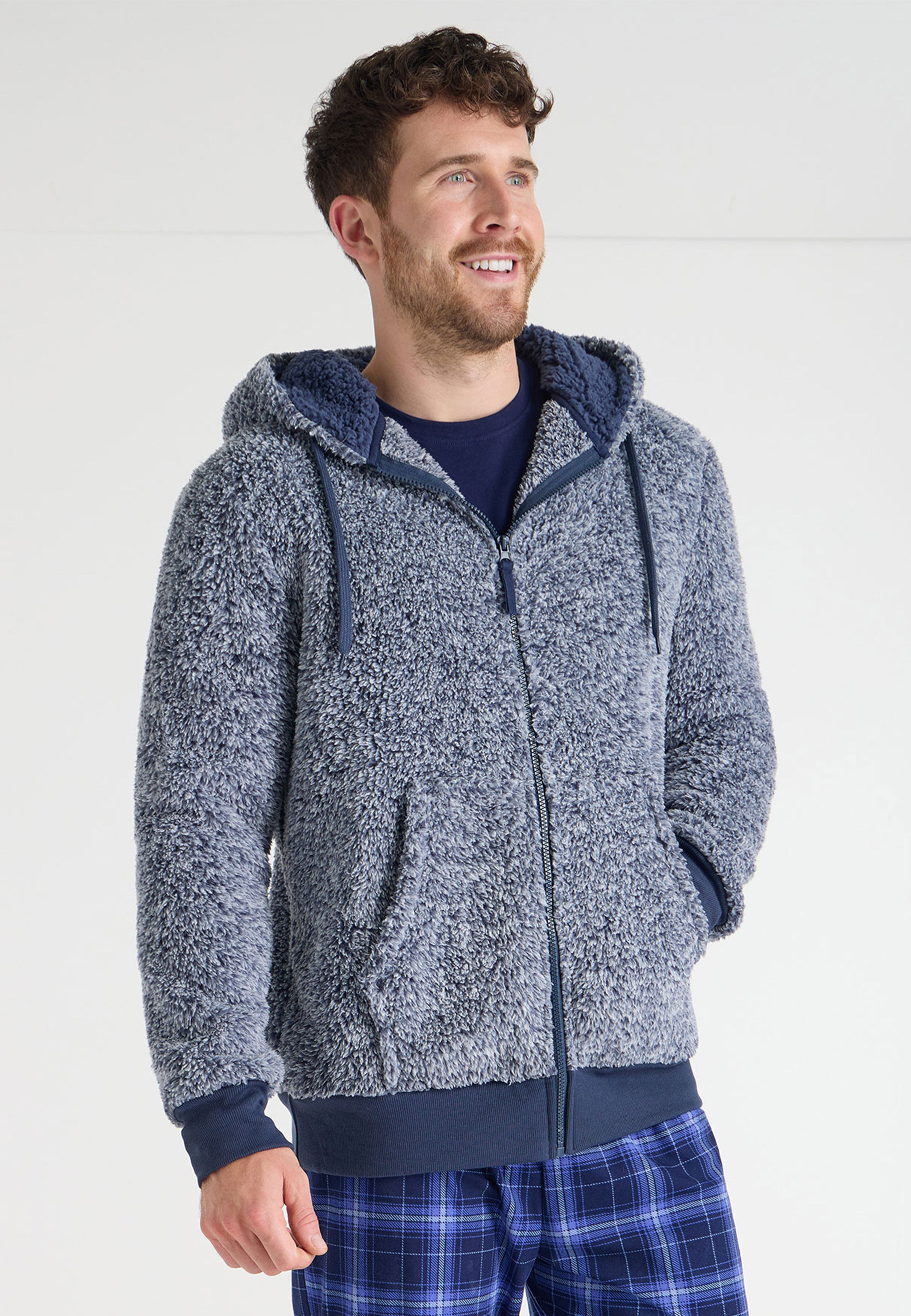 Mens Navy Sherpa Zip Through Hoody
