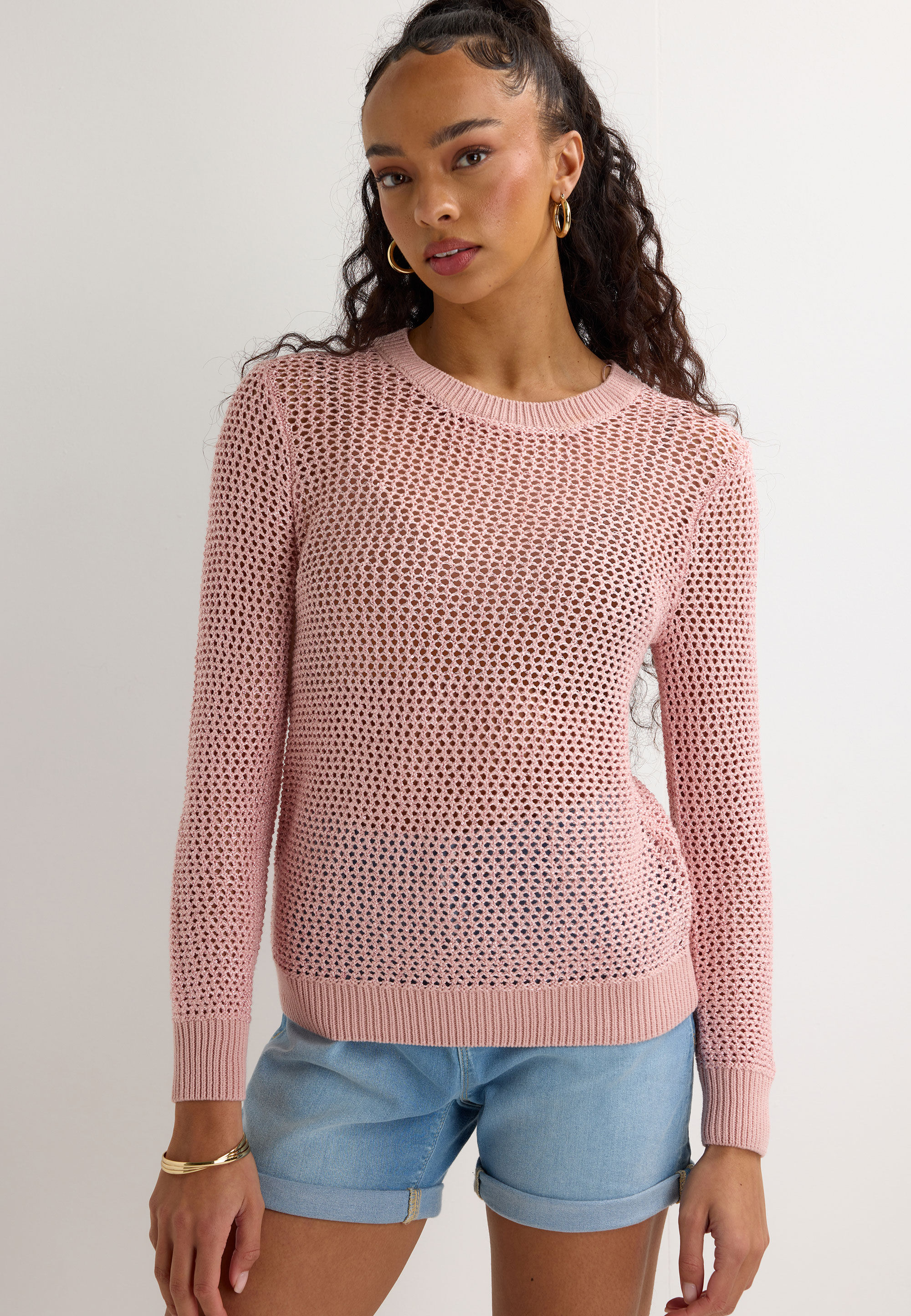 Womens Pink Sequin Stitch Crew Neck Jumper