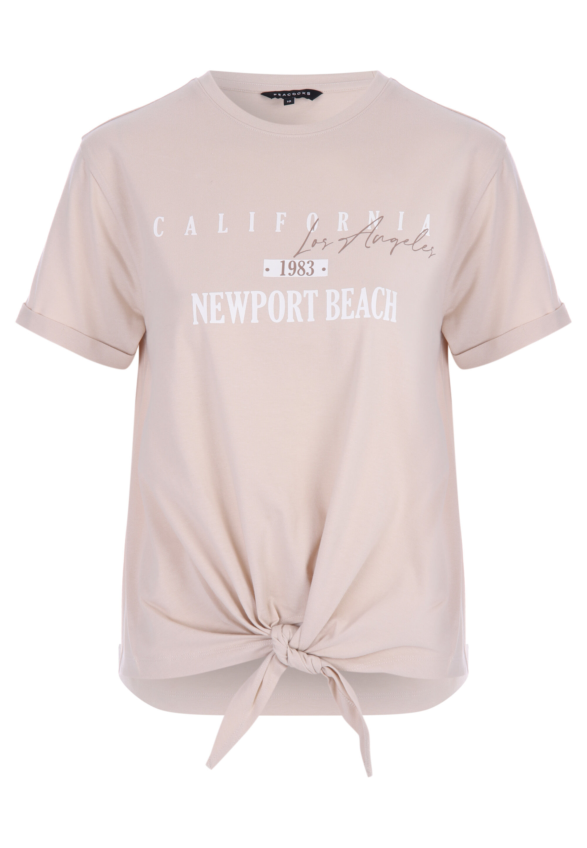 Womens Beige Slogan Tie Front T-shirt