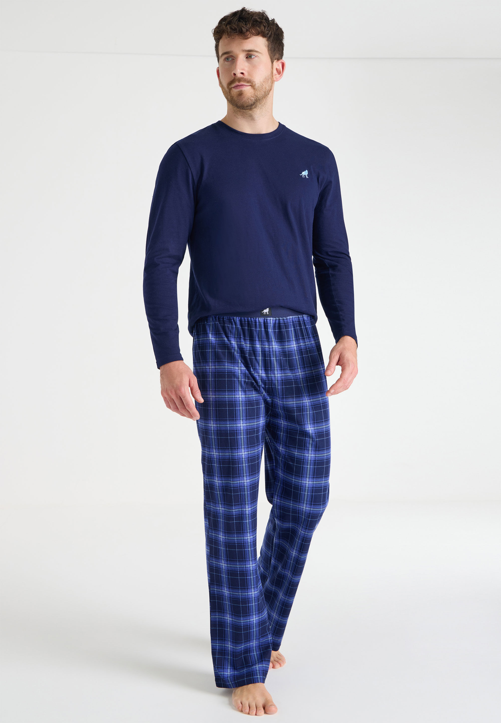 Mens Navy Check Fleece Pyjama Bottoms