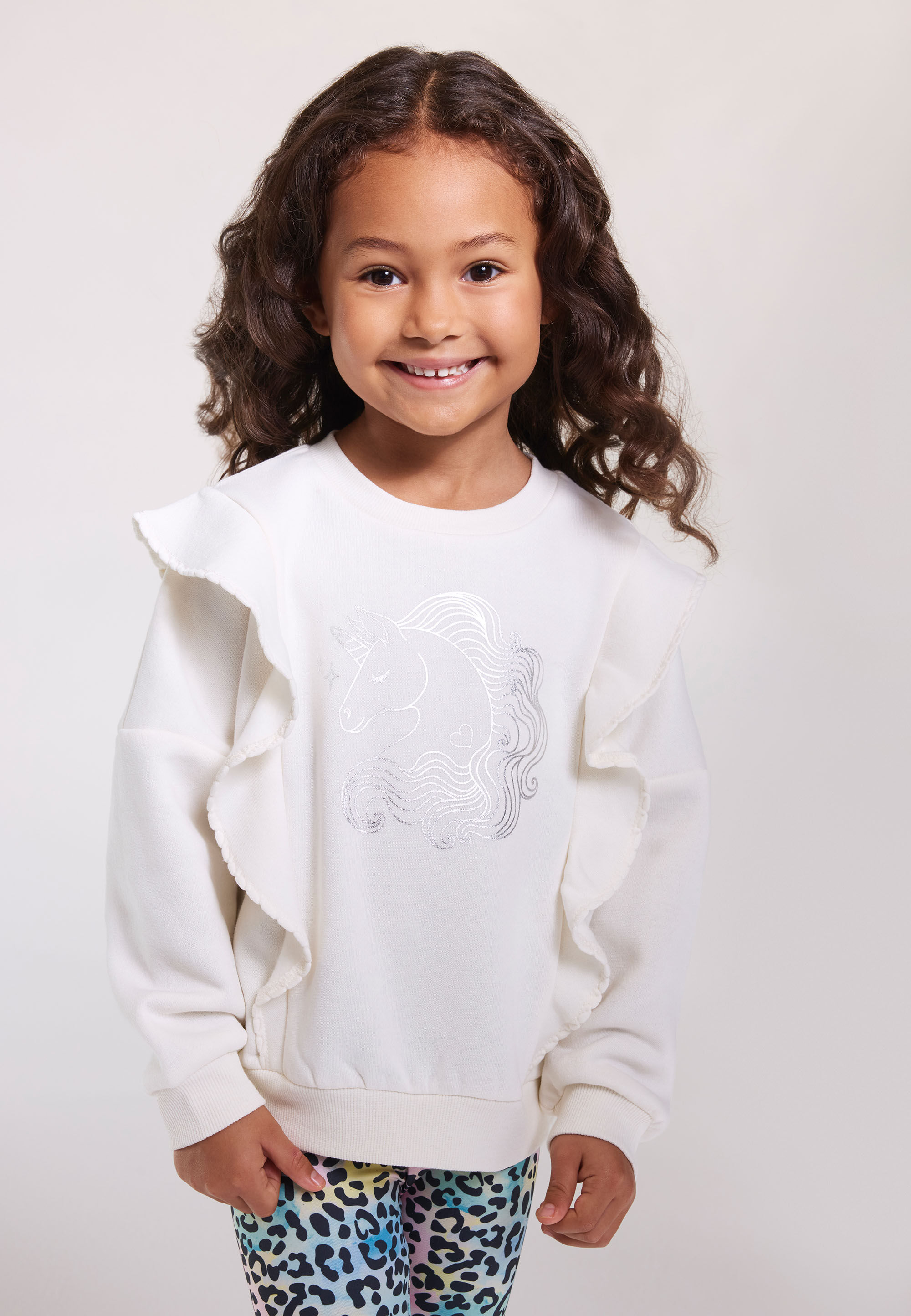 Younger Girls Cream Unicorn Ruffle Sweatshirt