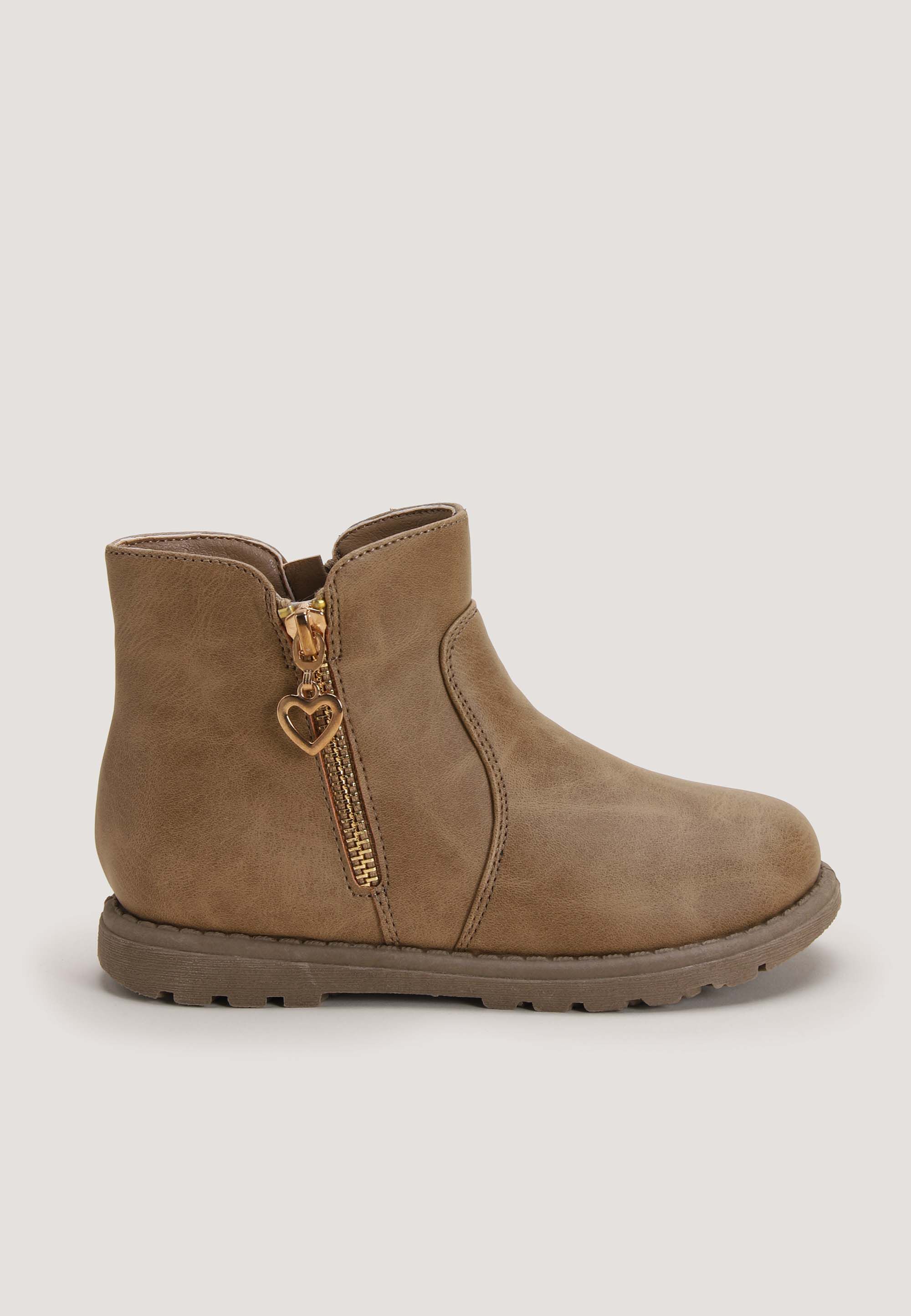 Younger Girls Tan Ankle Boot with Heart Charm
