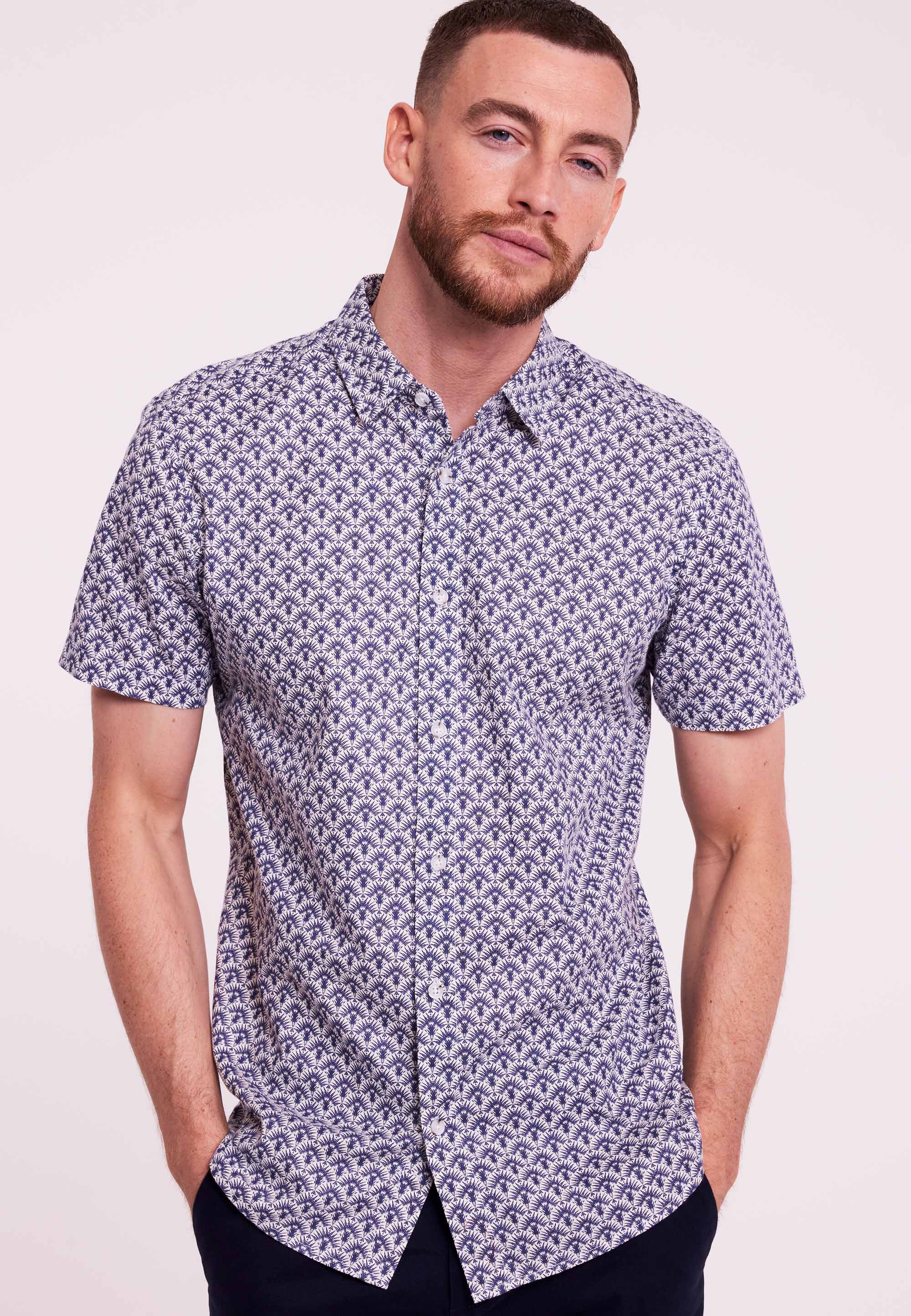 Mens Blue & White Fan Print Short Sleeve Shirt