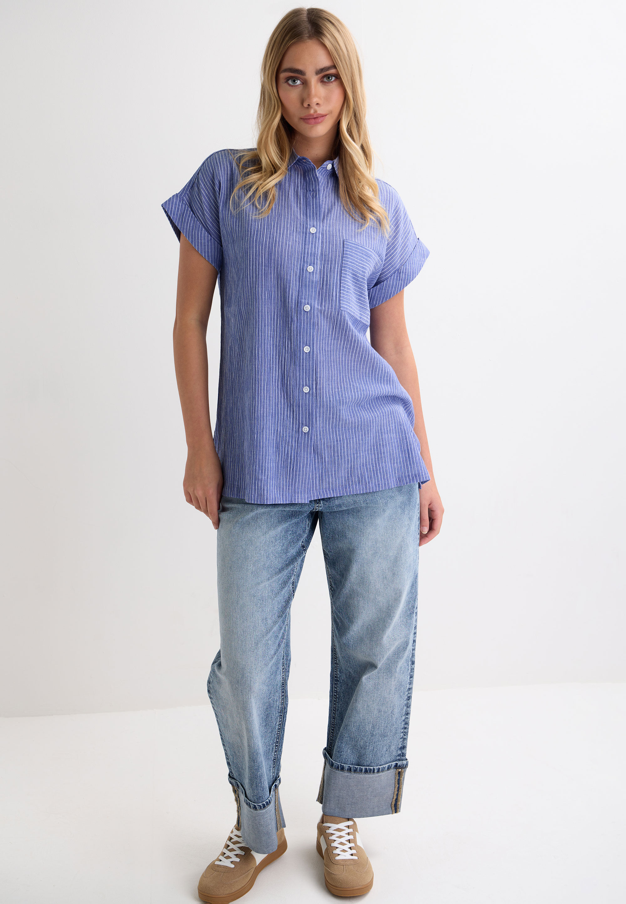 Womens Blue Stripe Crinkle Short Sleeve Shirt