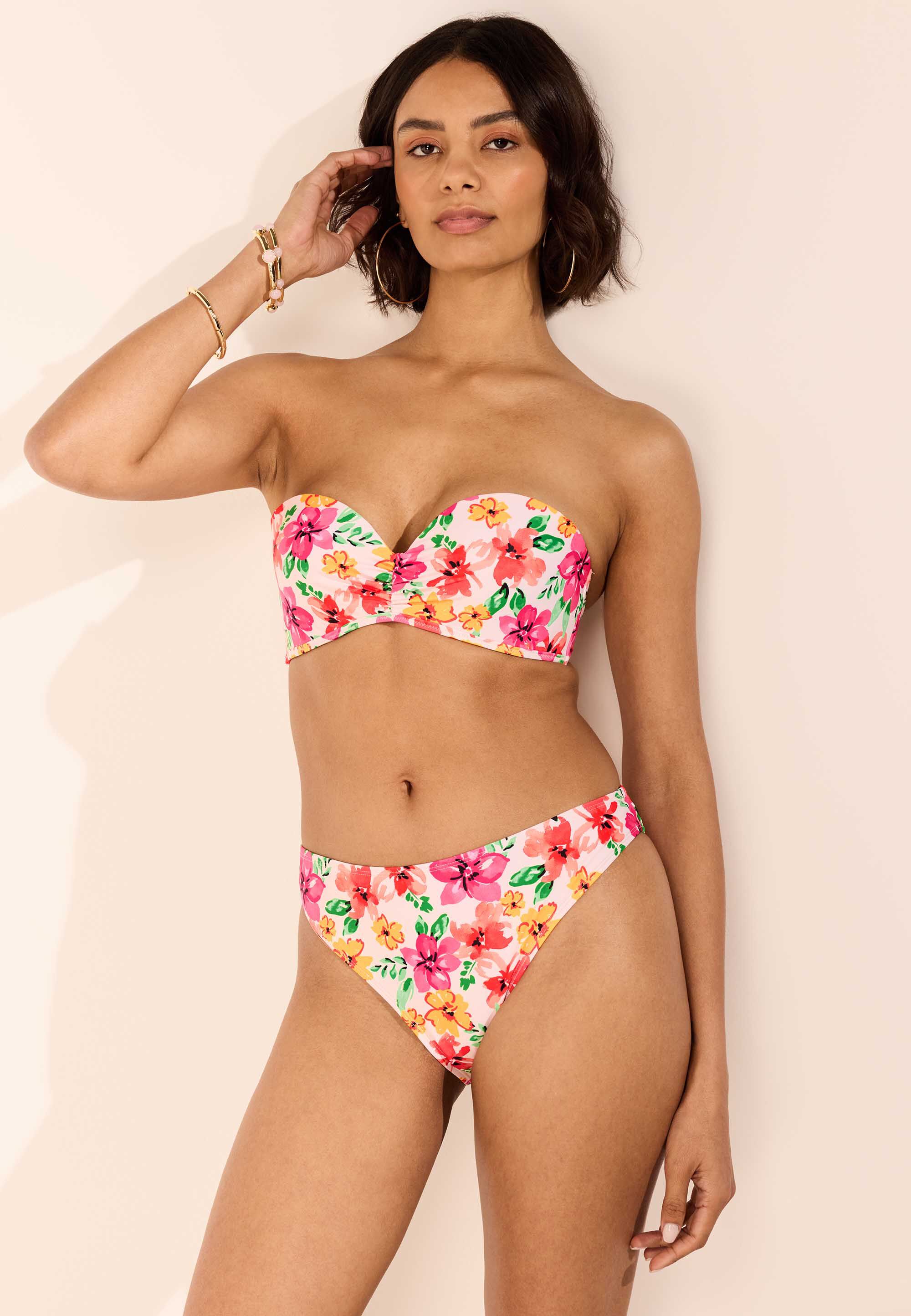 Womens White & Pink Floral Print Bandeau Bikini Top