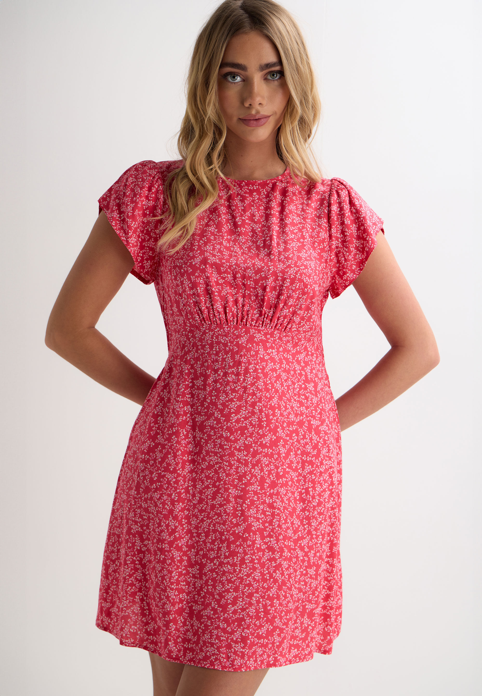 Womens Red Ditsy Short Sleeve Mini Tea Dress