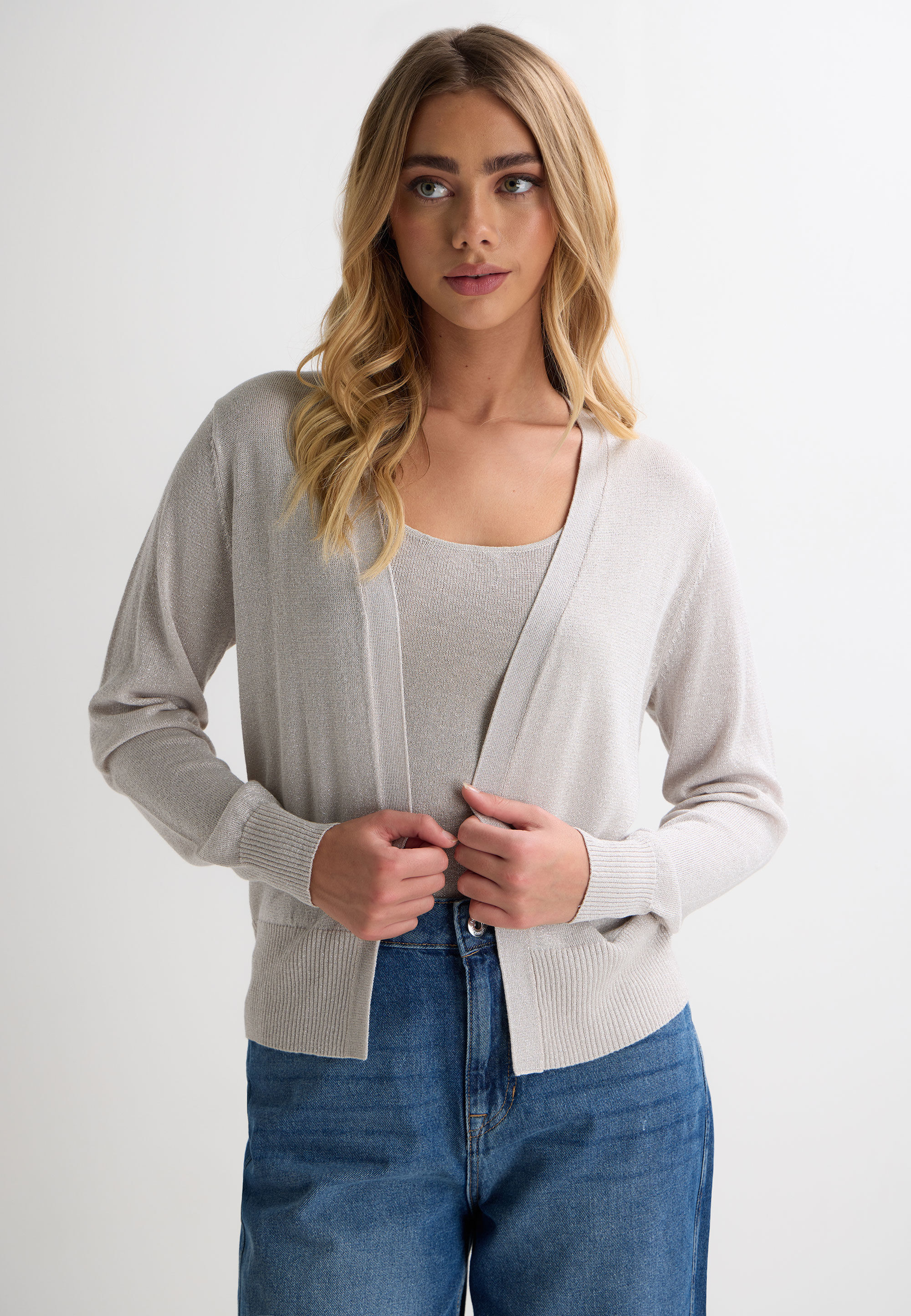 Womens Oatmeal Lurex Knit Cardigan