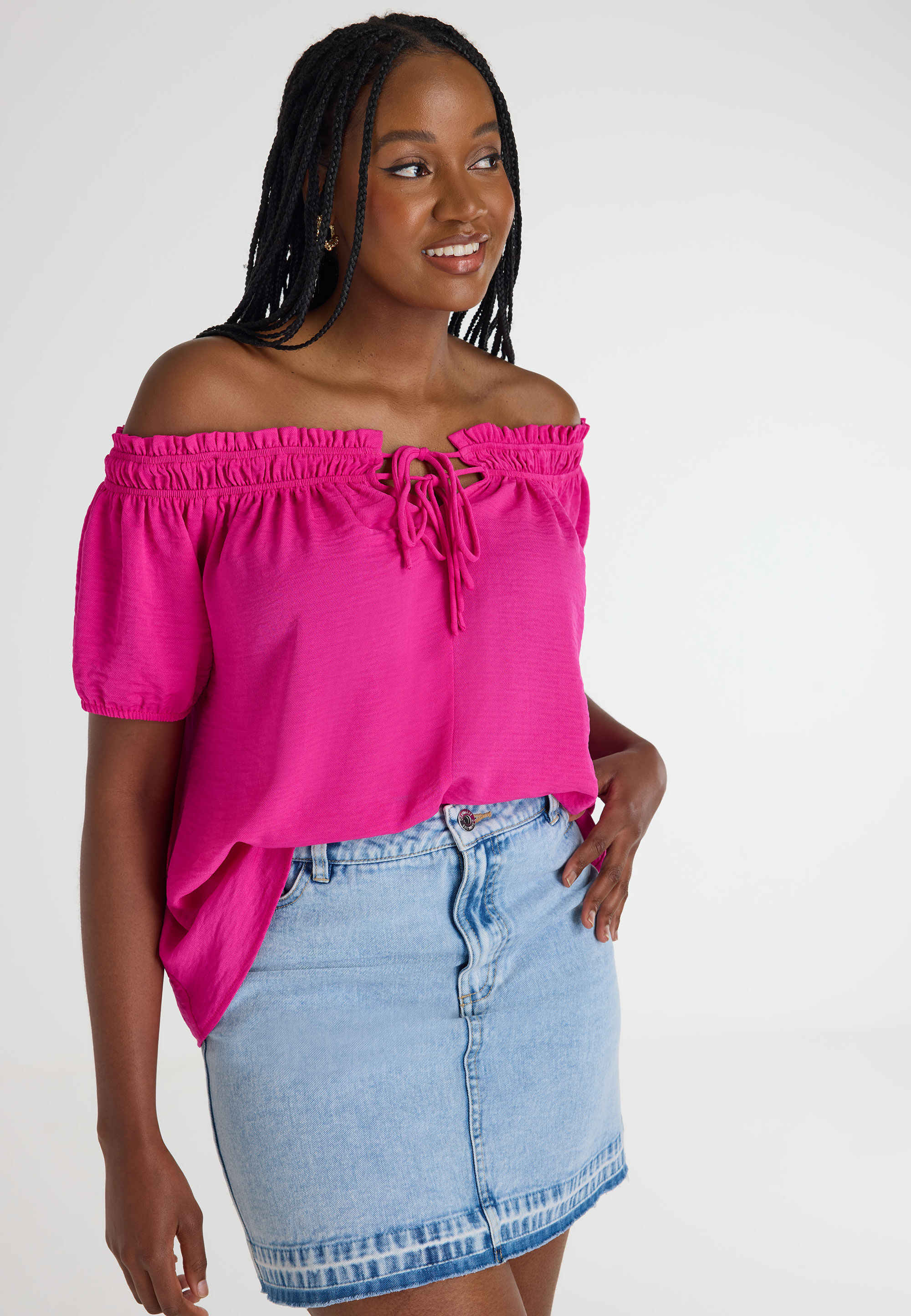 Womens Bright Pink Tie Detail Bardot Top