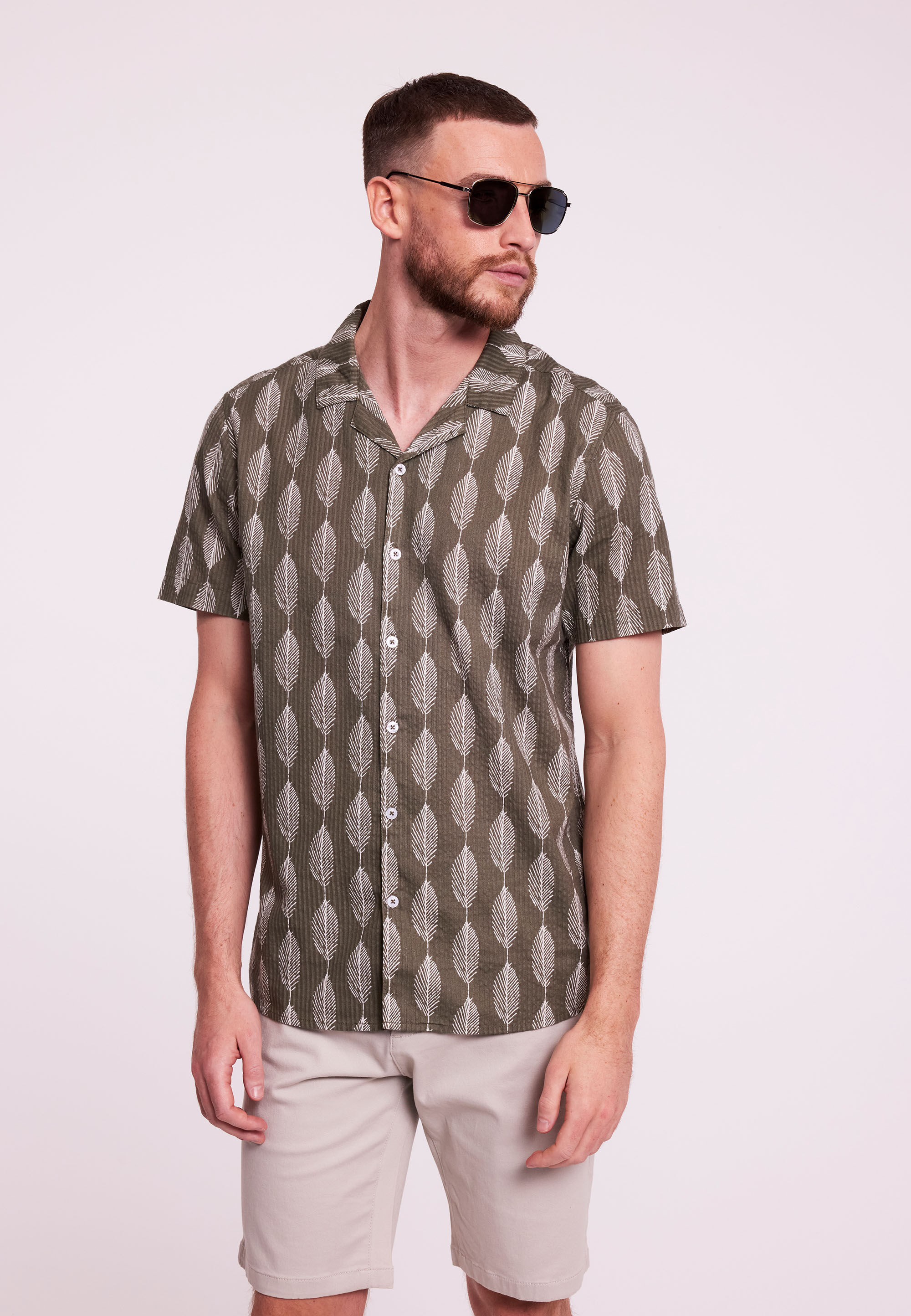 Mens Green Leaf Print Short Sleeve Shirt