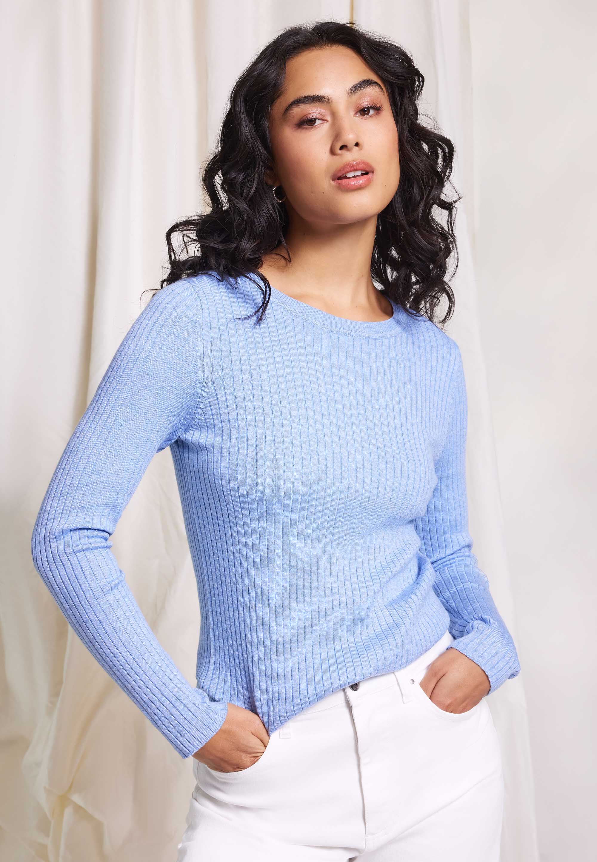 Womens Blue Marl Plain Ribbed Jumper