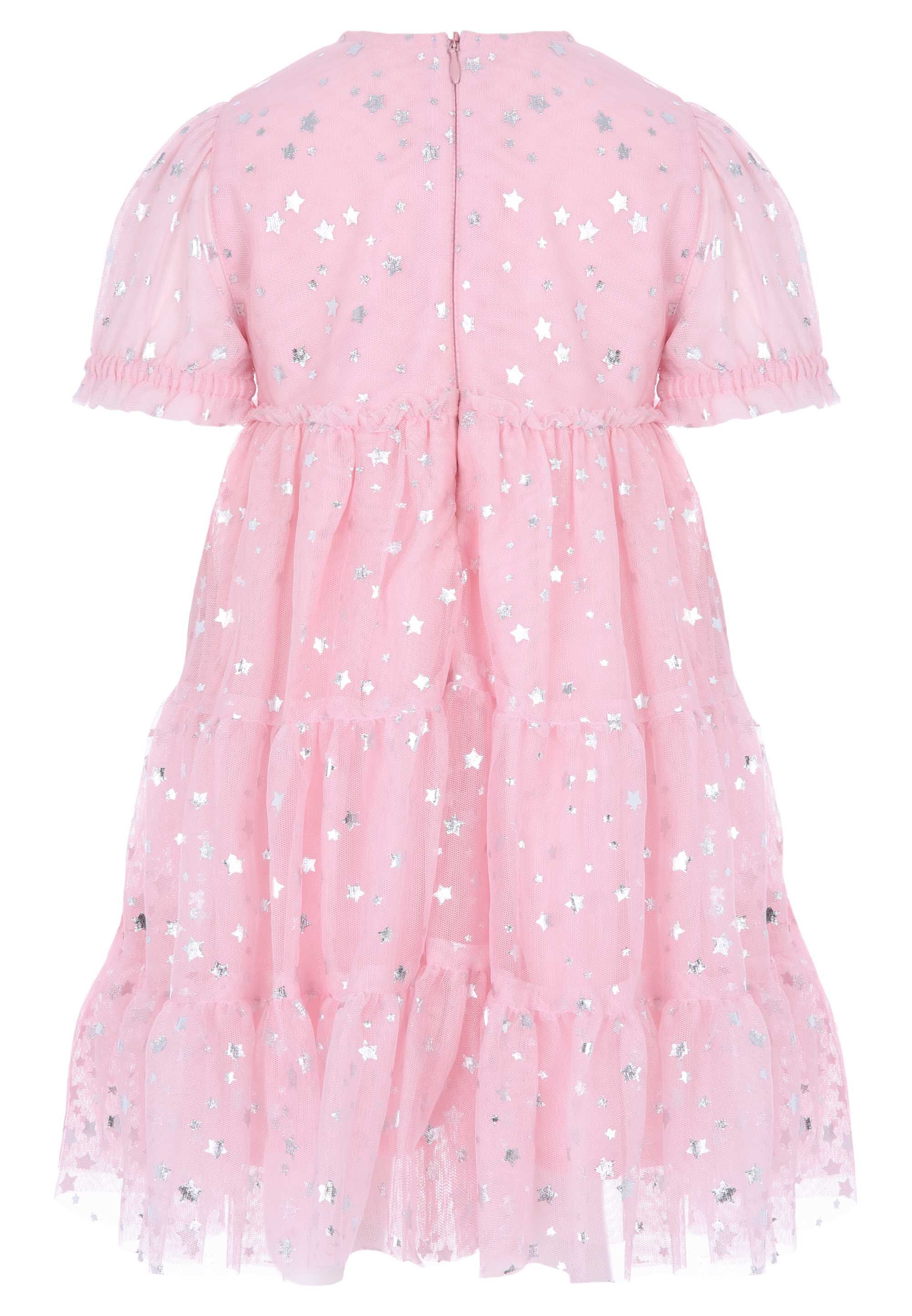 Younger Girls Pink Star Tiered Mesh Dress