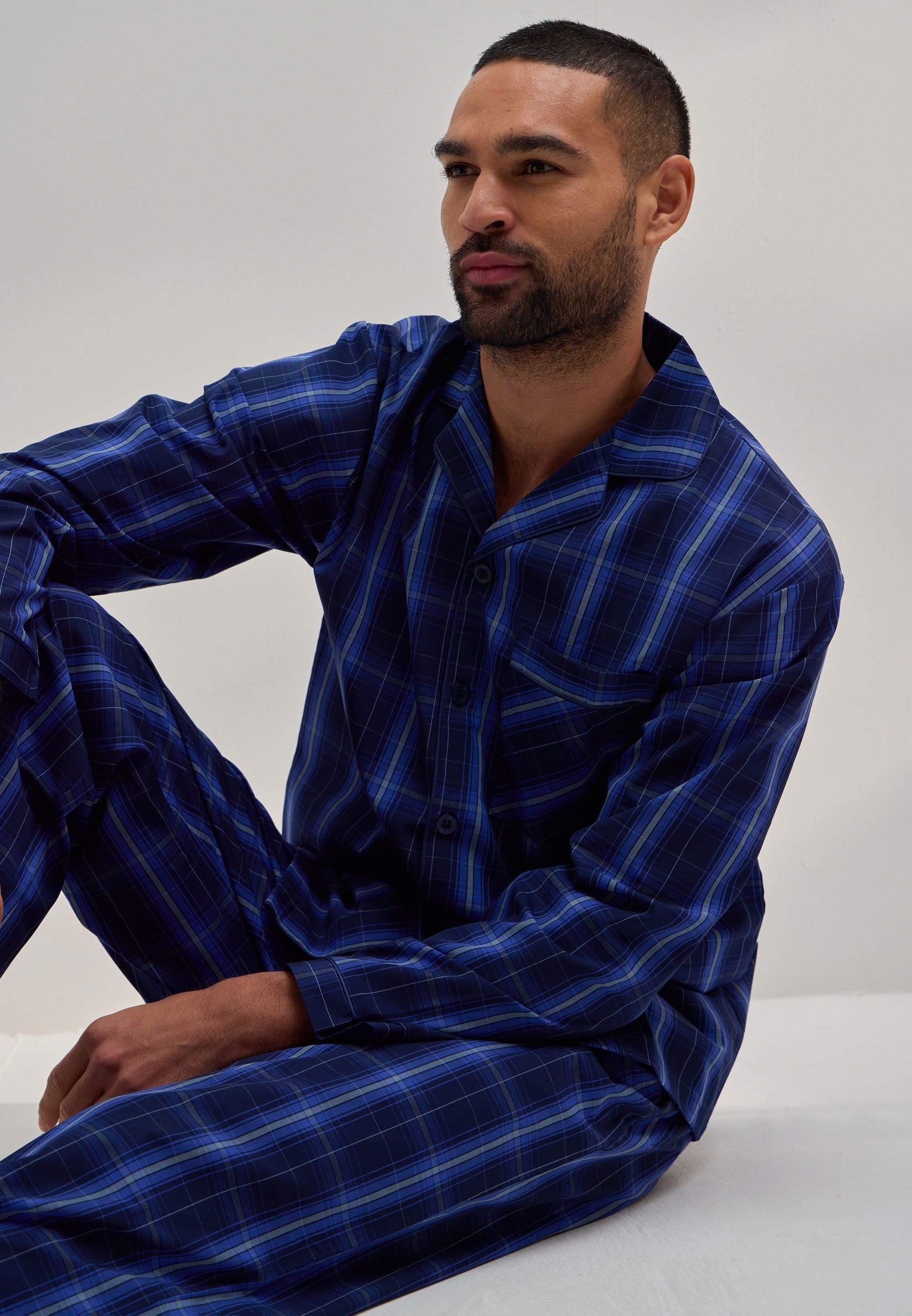 Mens Navy Check Full Length Pyjama Set