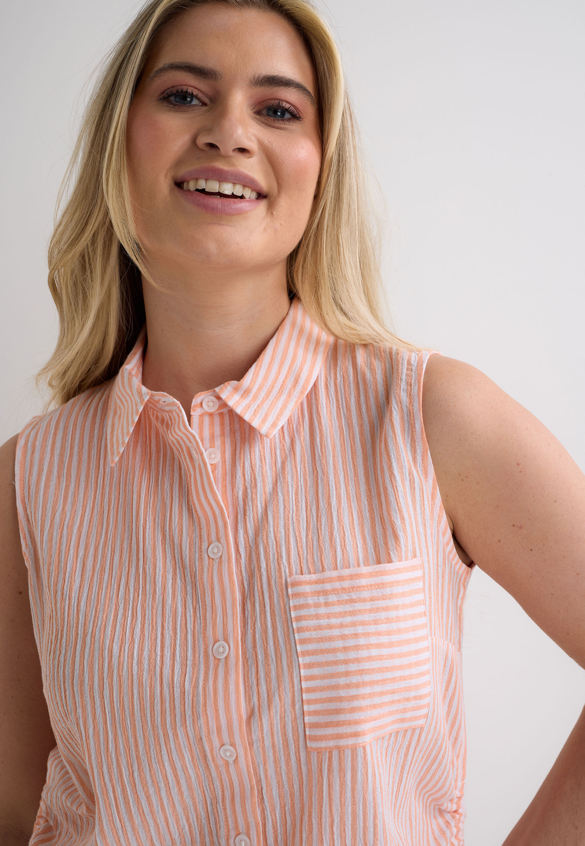 Womens Coral Stripe Crinkle Ruched Side Shirt