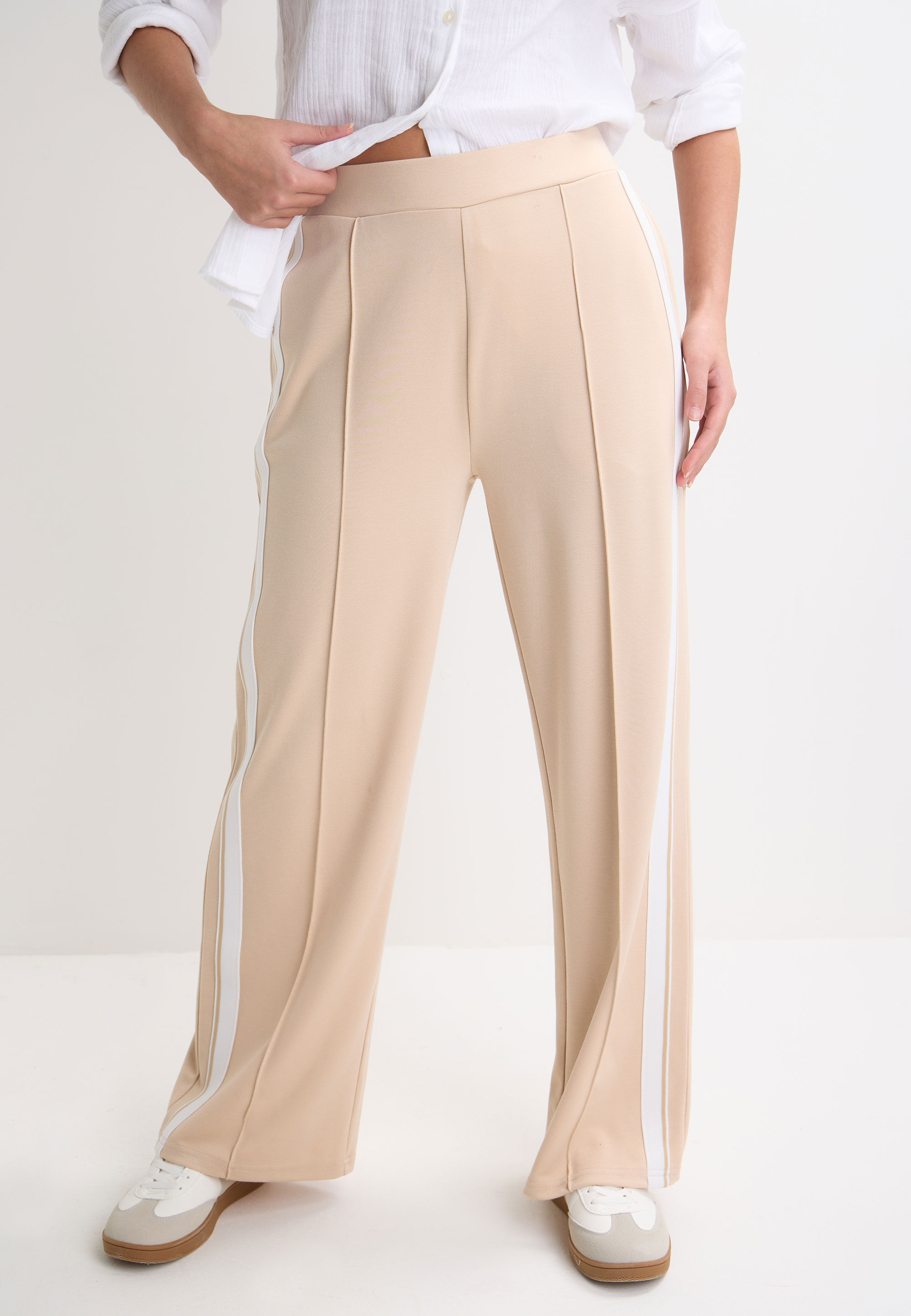 Womens Beige & White Stripe Wide Leg Trousers