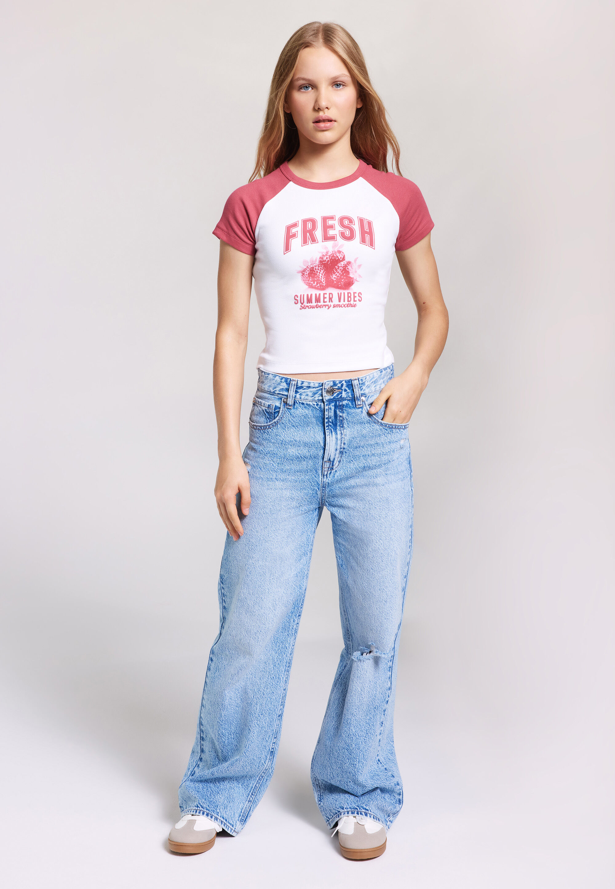 Older Girls Blue Ripped Wide Jeans