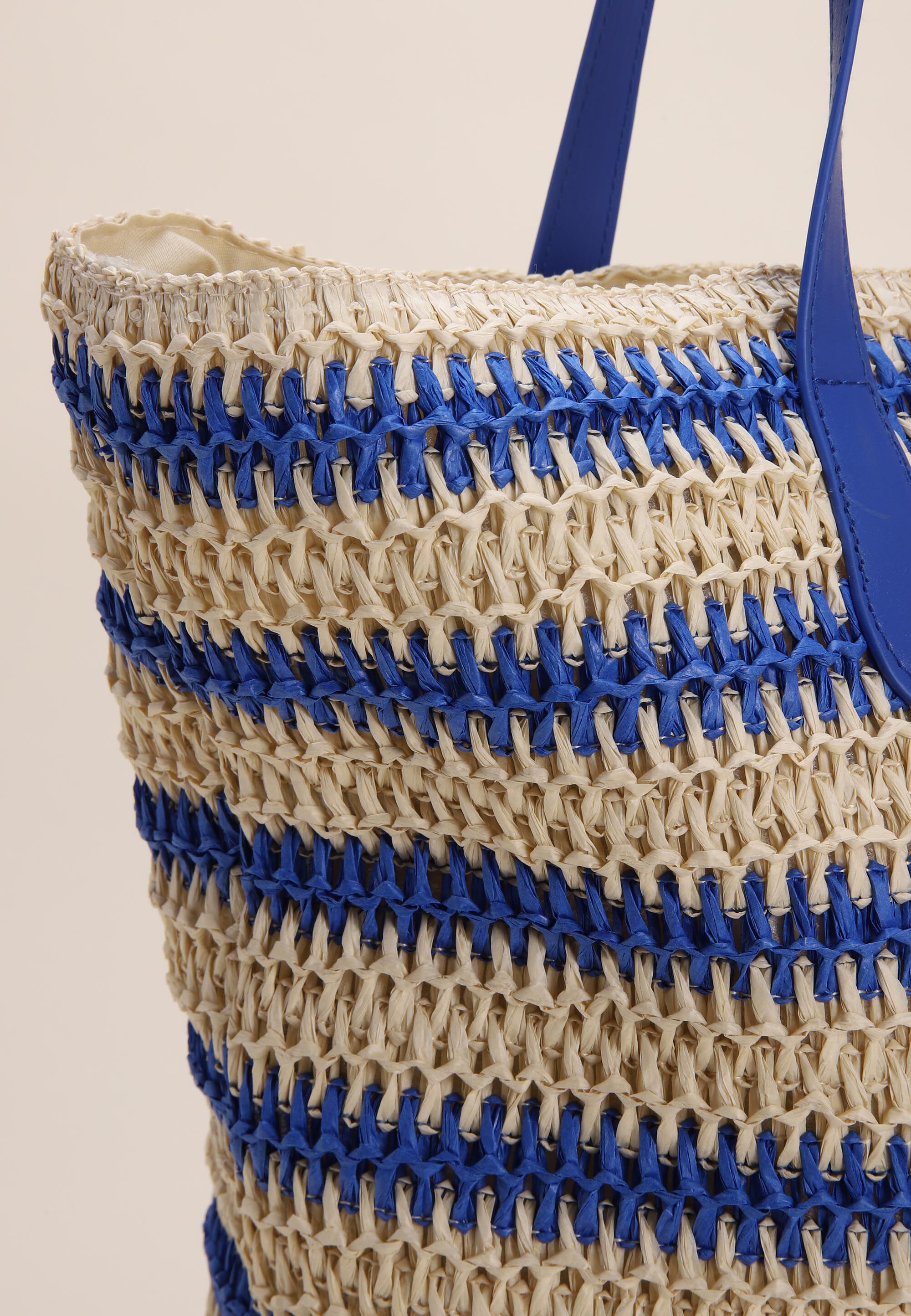Womens Blue Stripe Straw Tote Bag