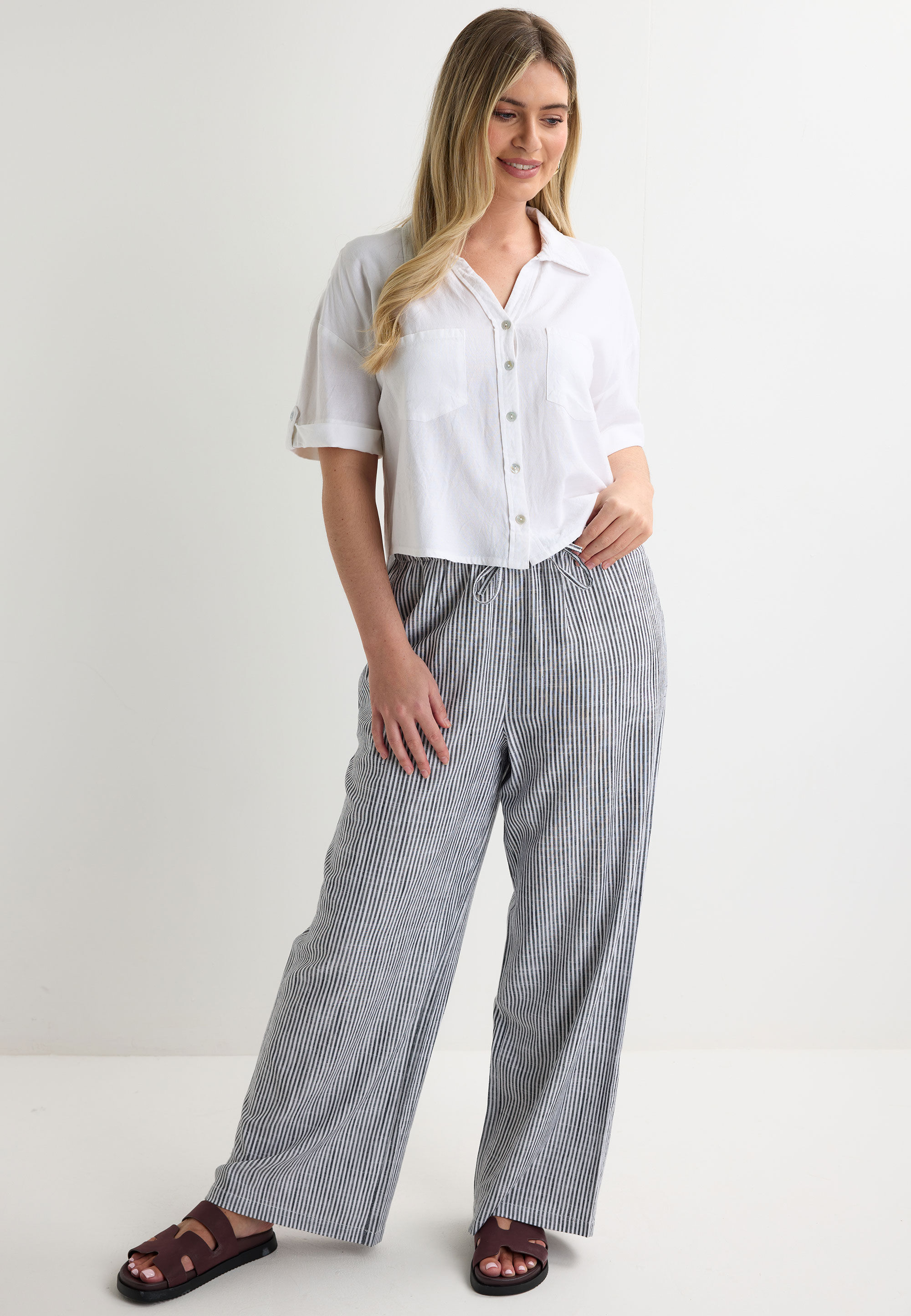 Womens White Plain Linen Blend Short Sleeve Shirt