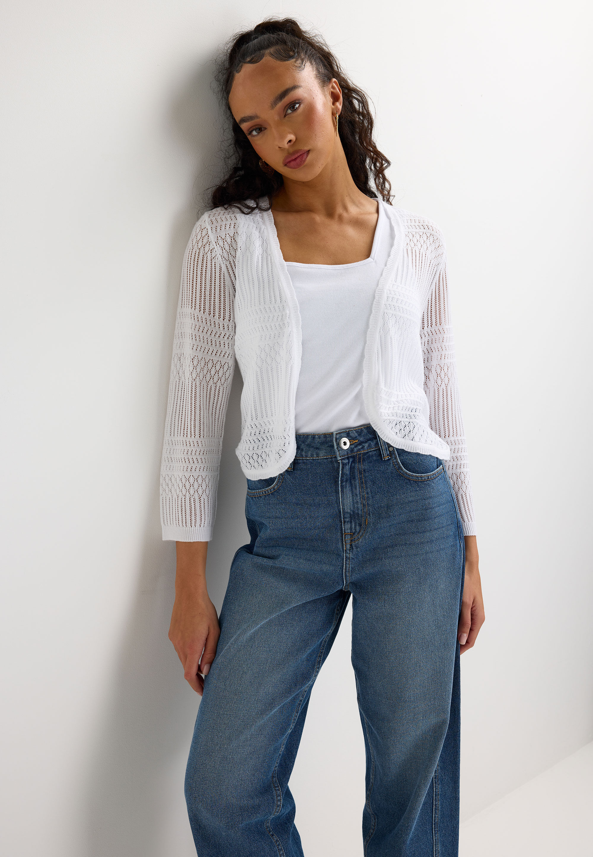Womens White Pointelle Curve Hem Cardigan
