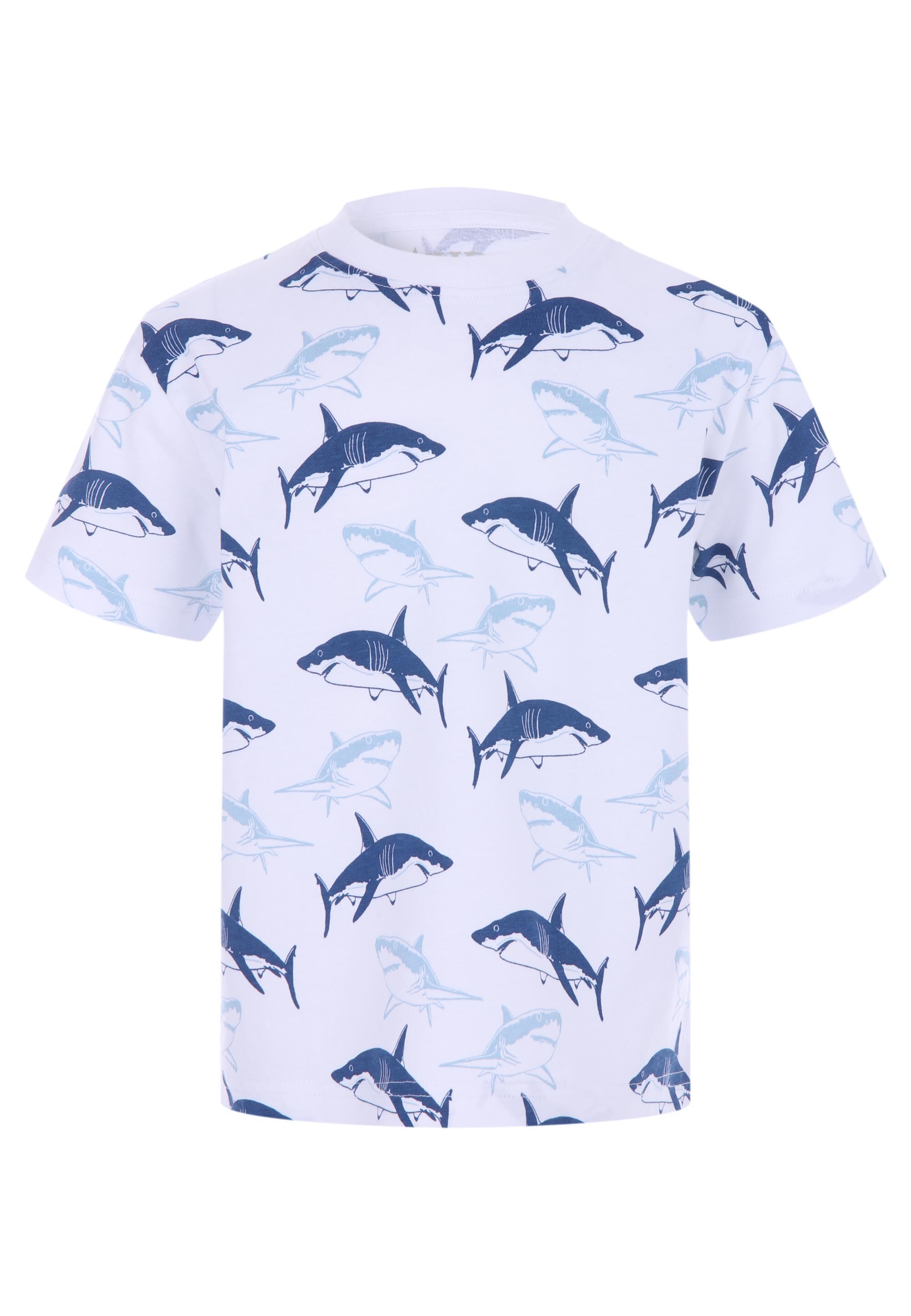 Younger Boys White & Blue Shark Print T-shirt