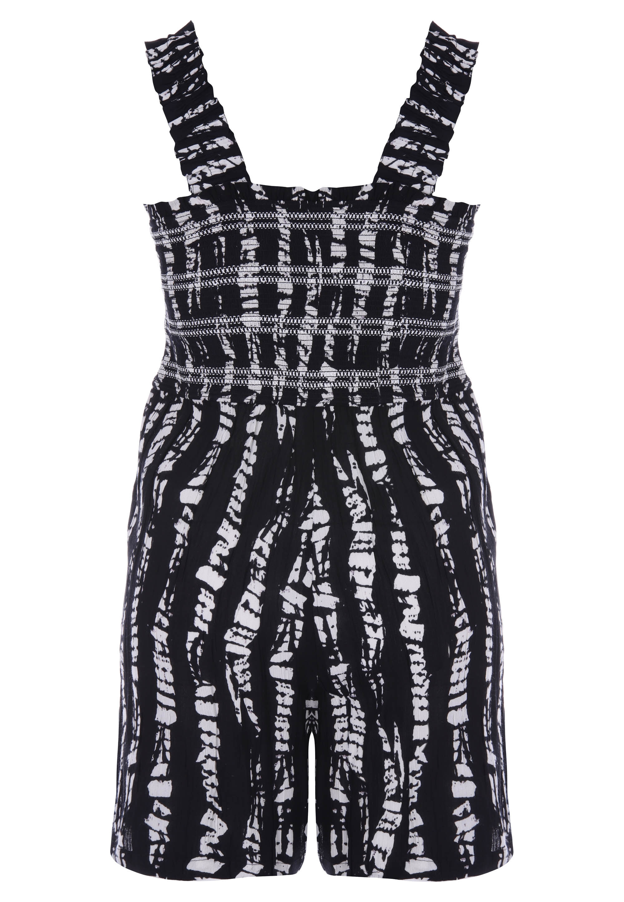 Womens Black & White Tiedye Print Shirred Short Playsuit