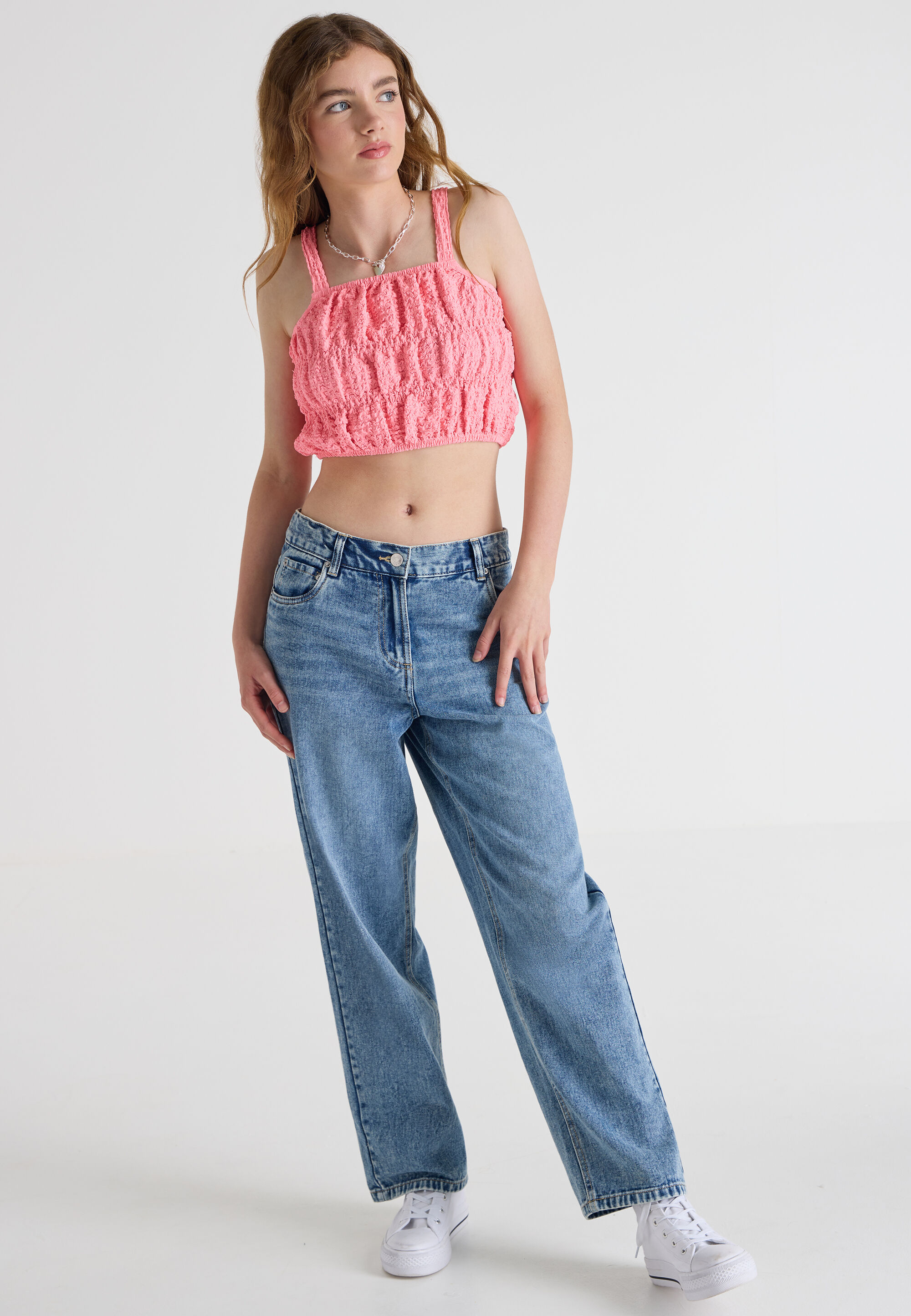 Older Girls Pink Textured Crop Top