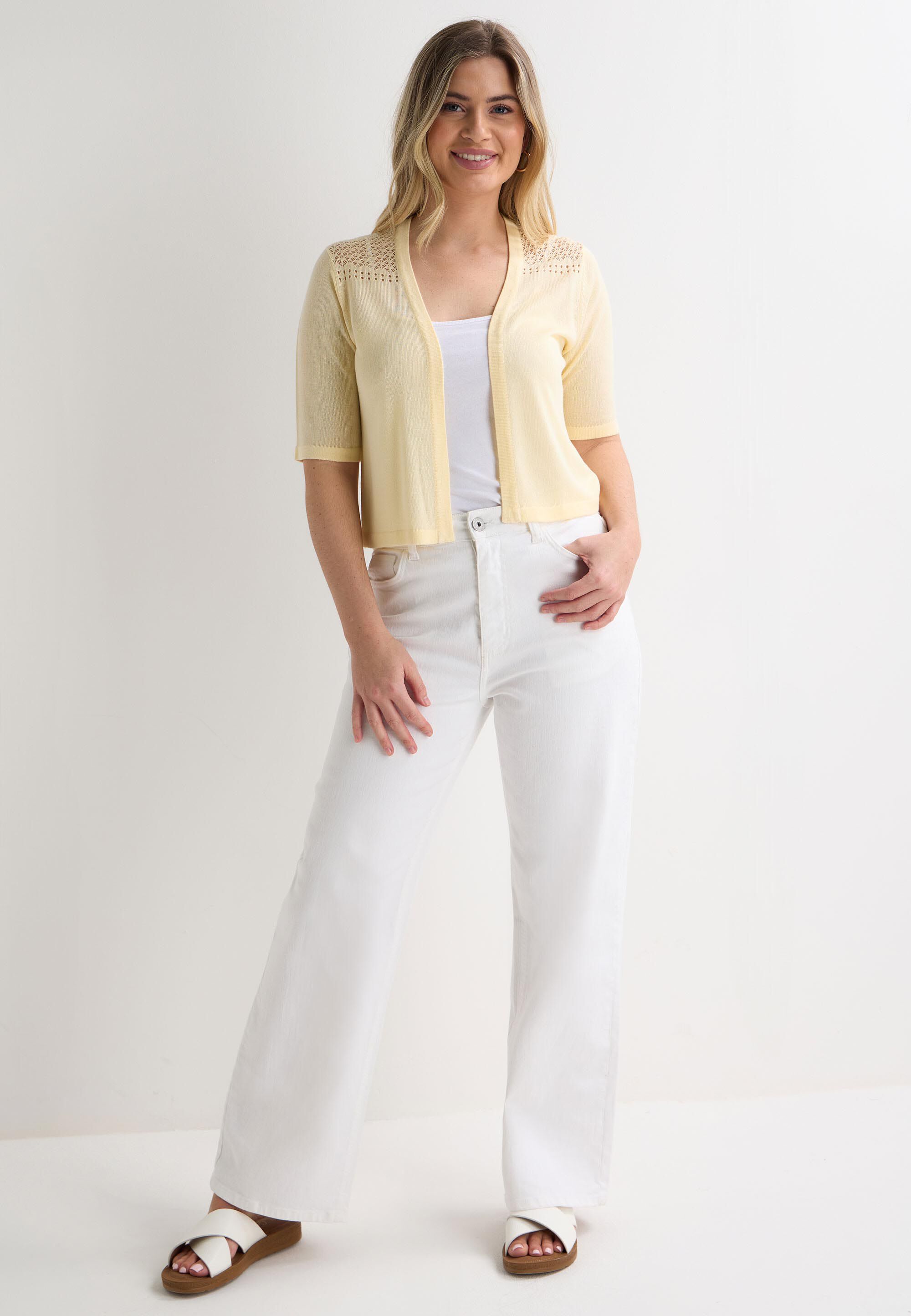 Womens Buttermilk Yellow Crochet Knit Cardigan