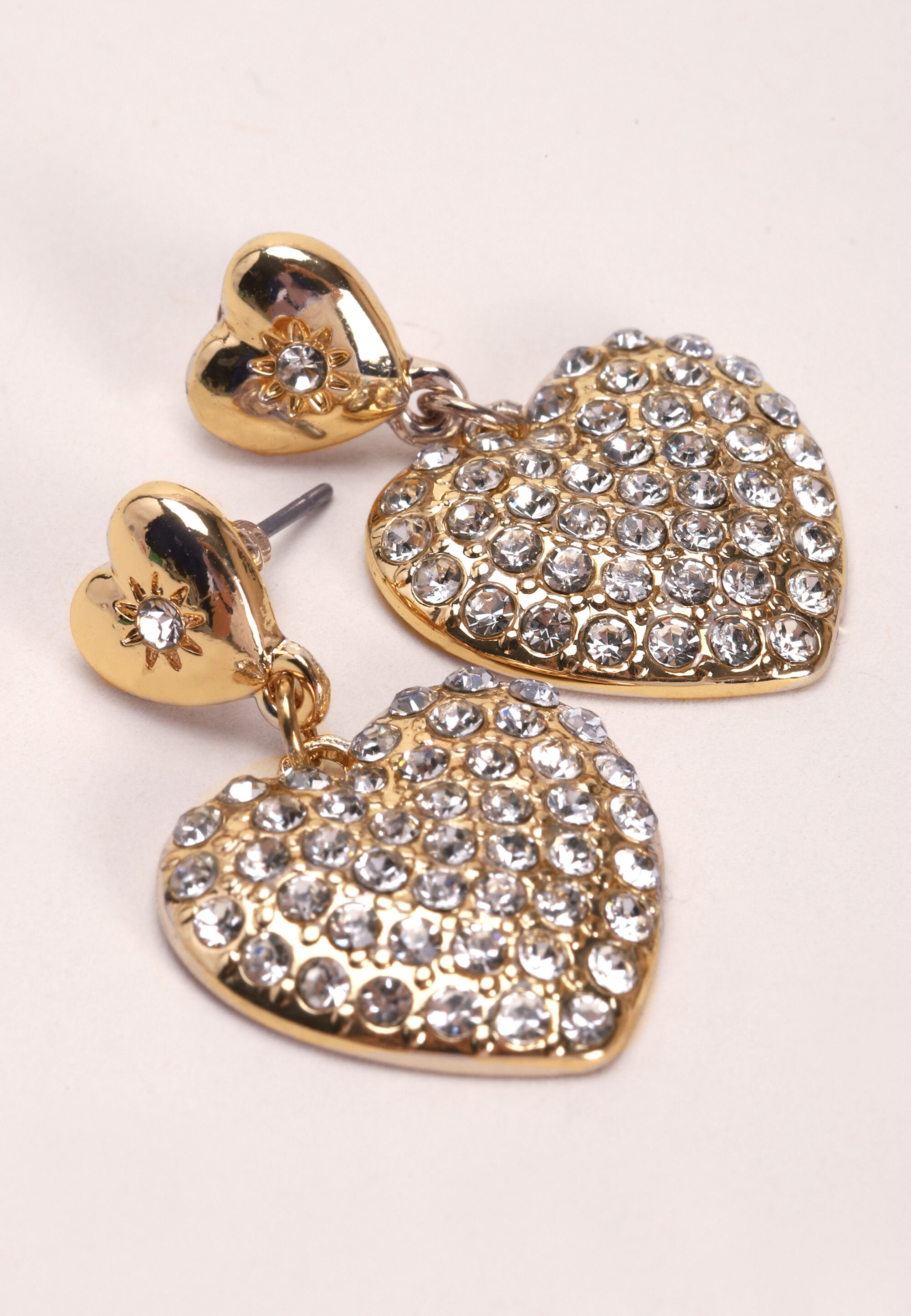 Womens Gold Heart Diamante Drop Earrings