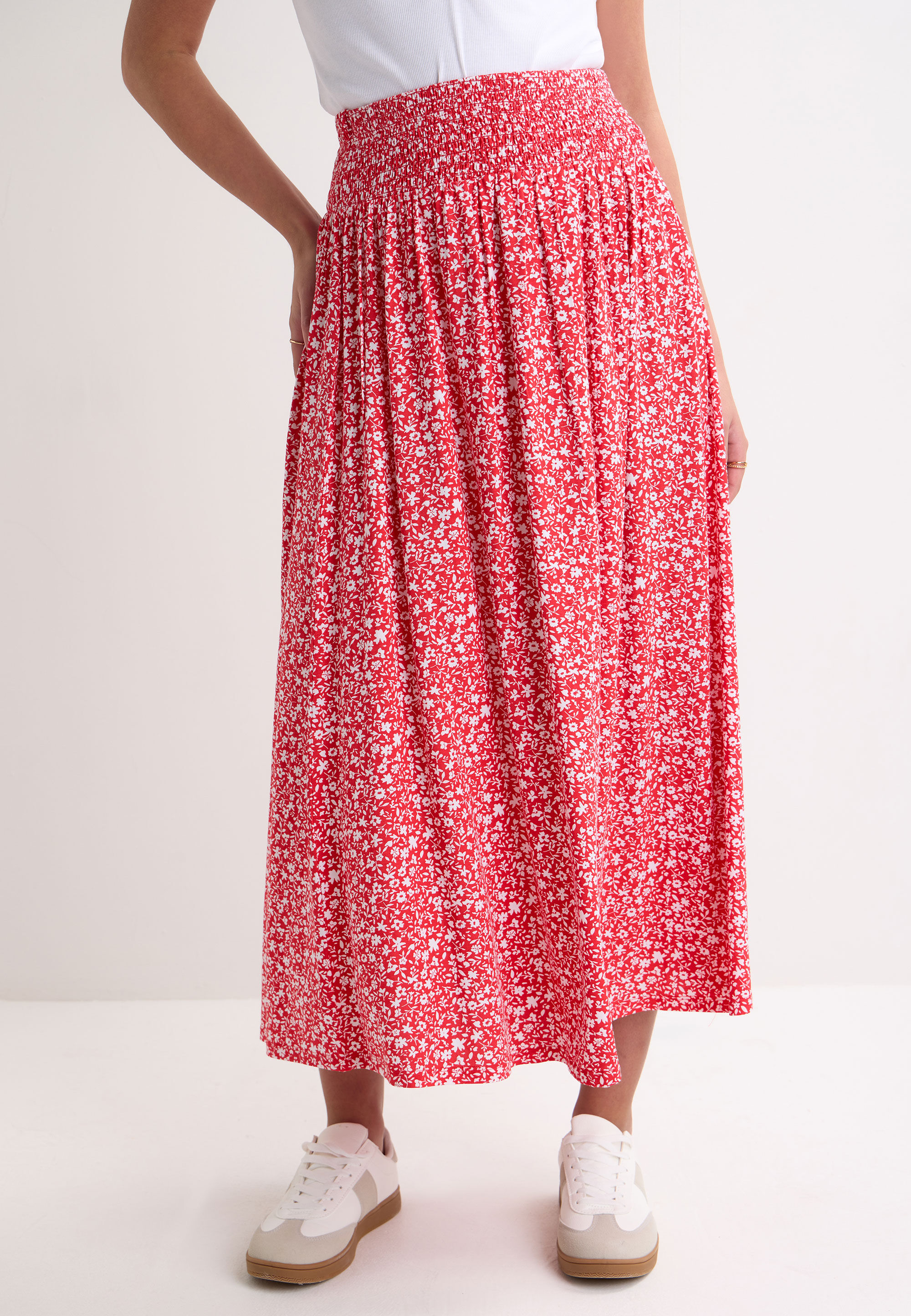Womens Red & White Ditsy Midi Skirt