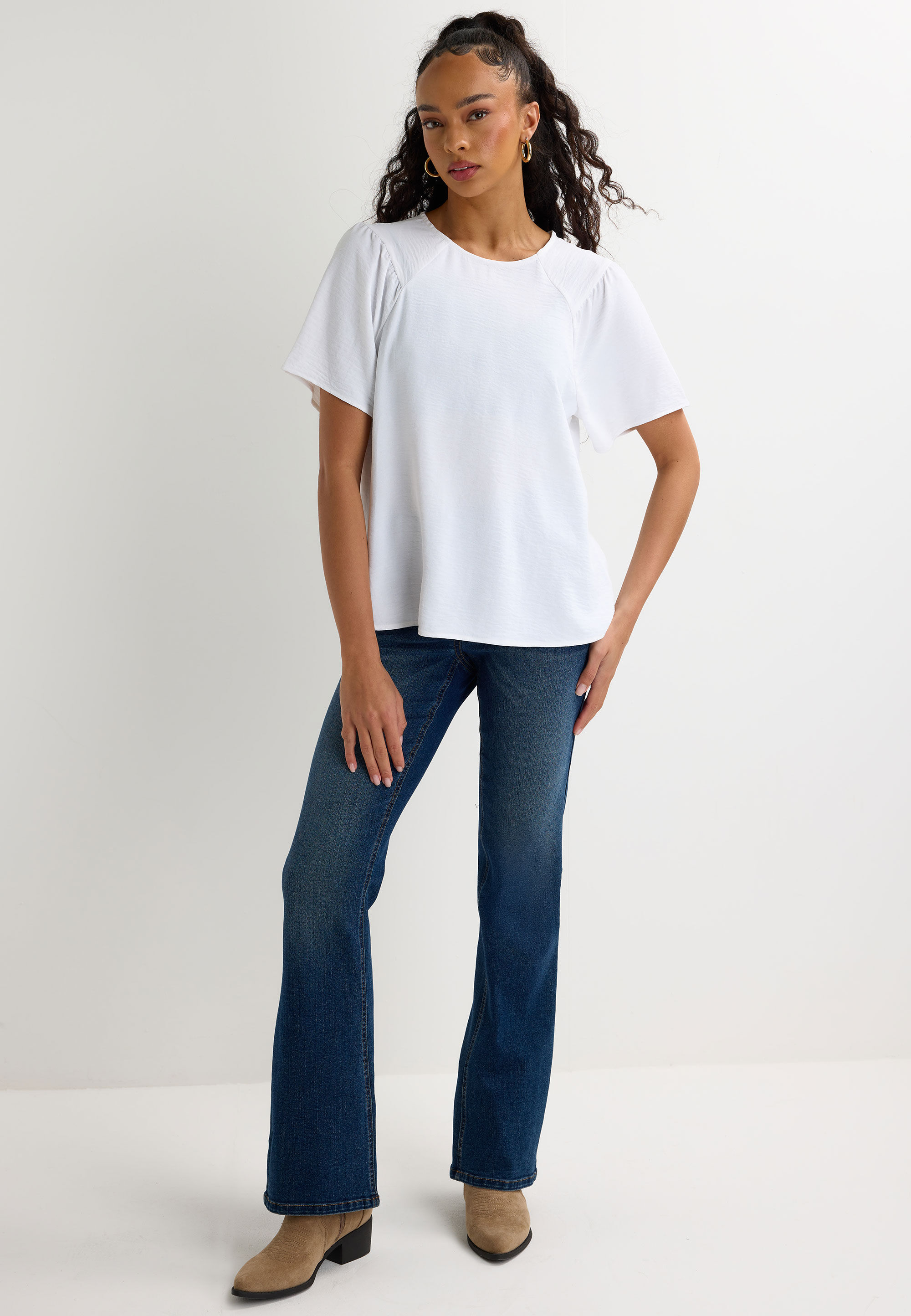 Womens White Plain Flutter Sleeve Shell Top