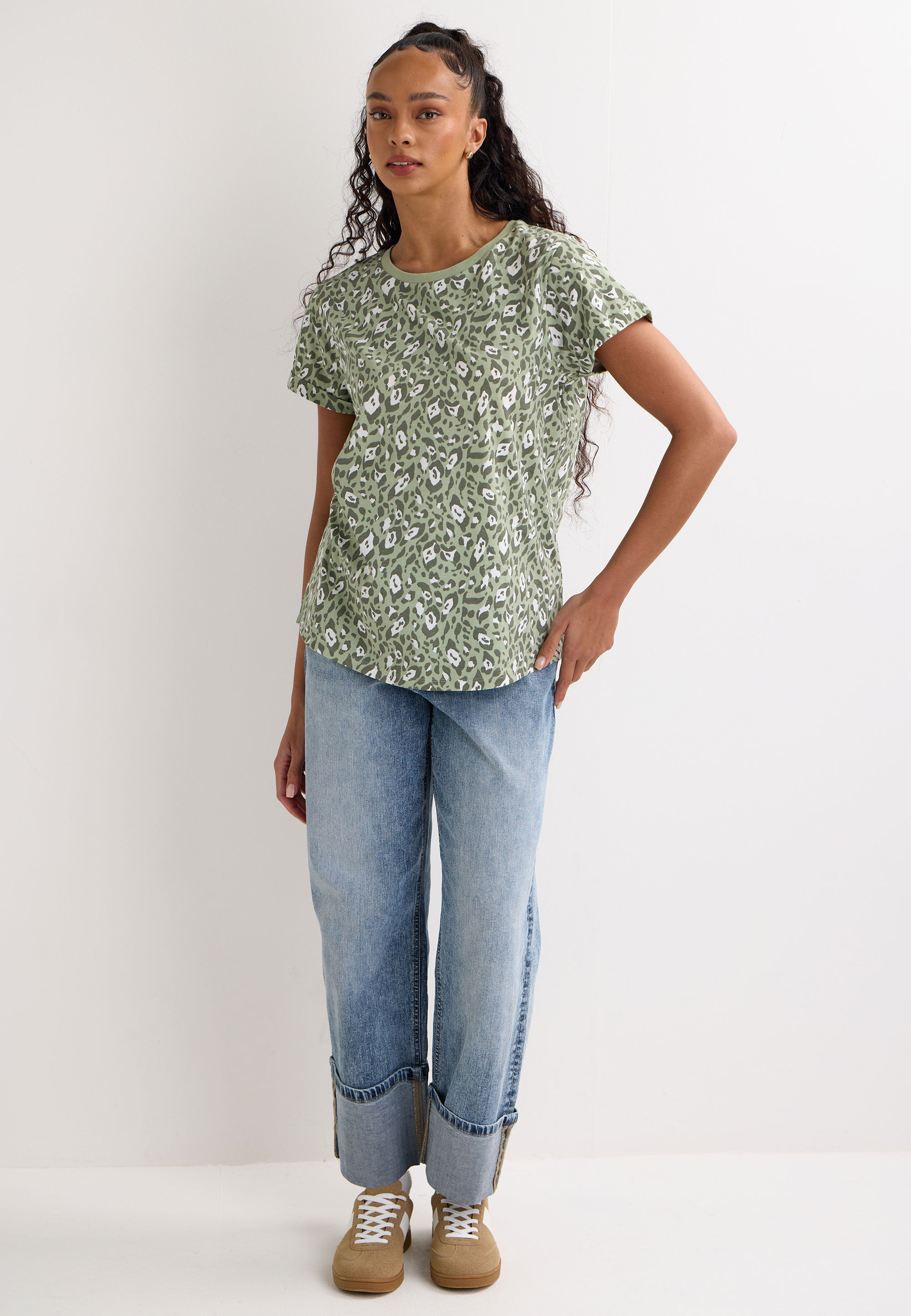 Womens Green Animal Print Roll Sleeve T-Shirt